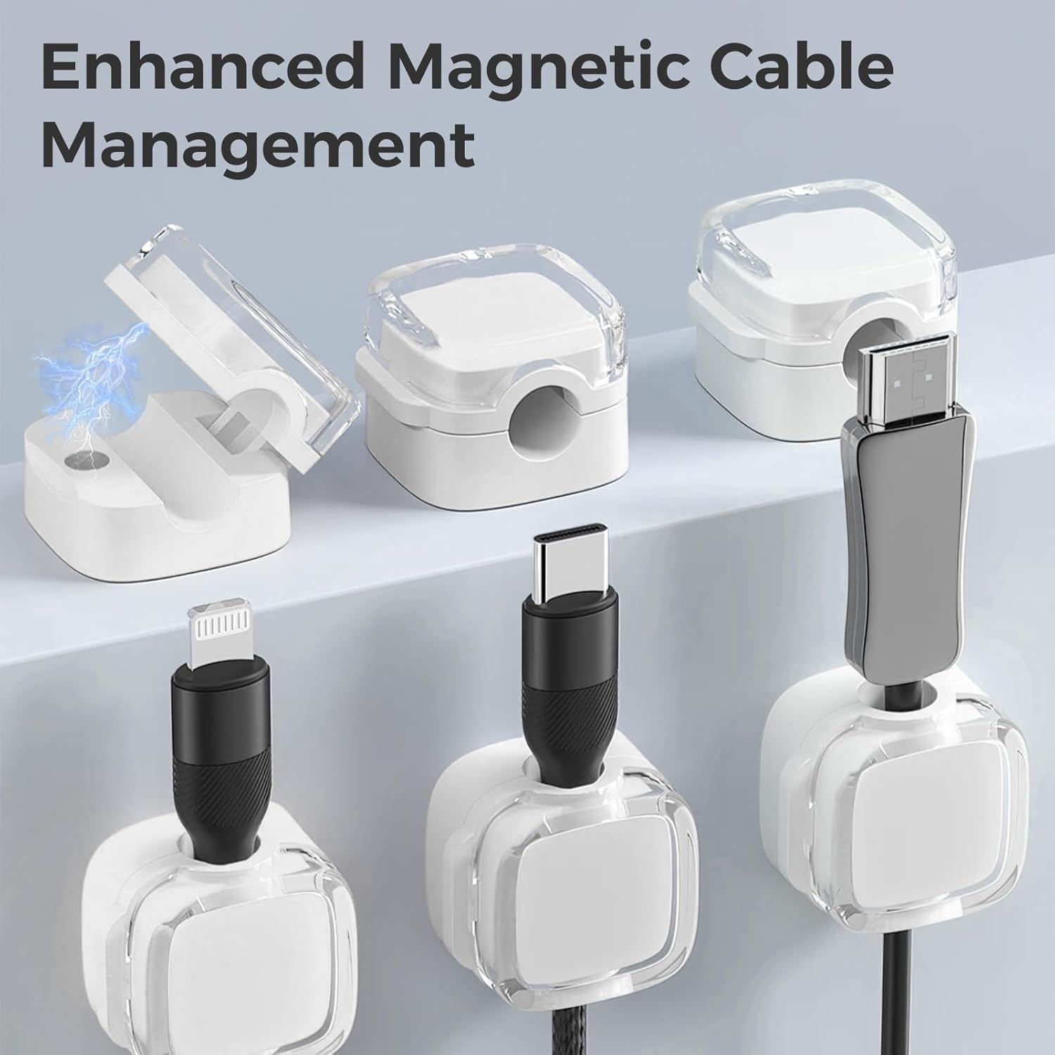 6-Pack Magnetic Cable Clips Organizer, Strong Adhesive Cord Holder, Wire Management System for USB Charger, HDMI, Power Cables, Ideal for Home, Office, Car, Desk, Wall, Kitchen, Nightstand, White image number 1