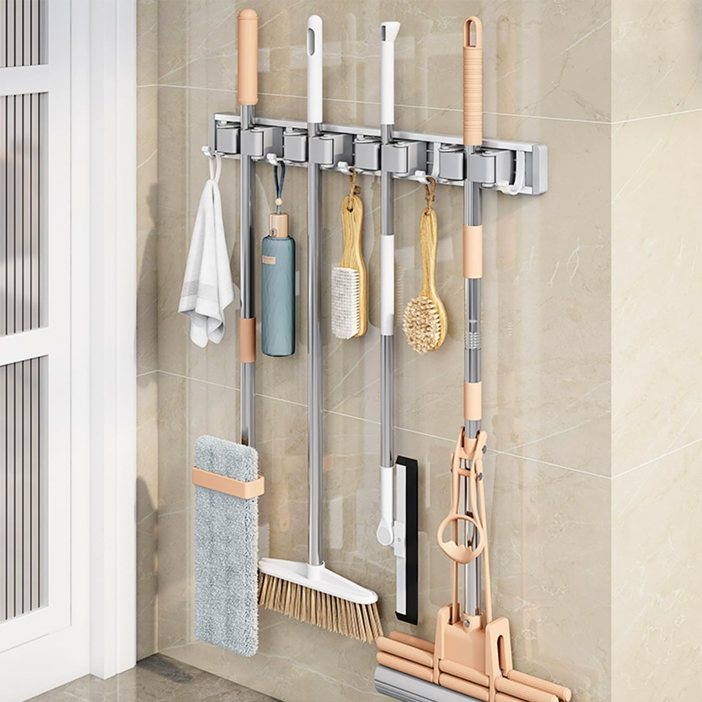 Broom Mop Holder Wall Mounted Broom Hanger Garage Organizer Storage Tool Racks Garage Storage Garden Kitchen Tool Organizer for Home Kitchen Garden Laundry（ 3 Racks 4 Hooks ） (Silver White) image number 1