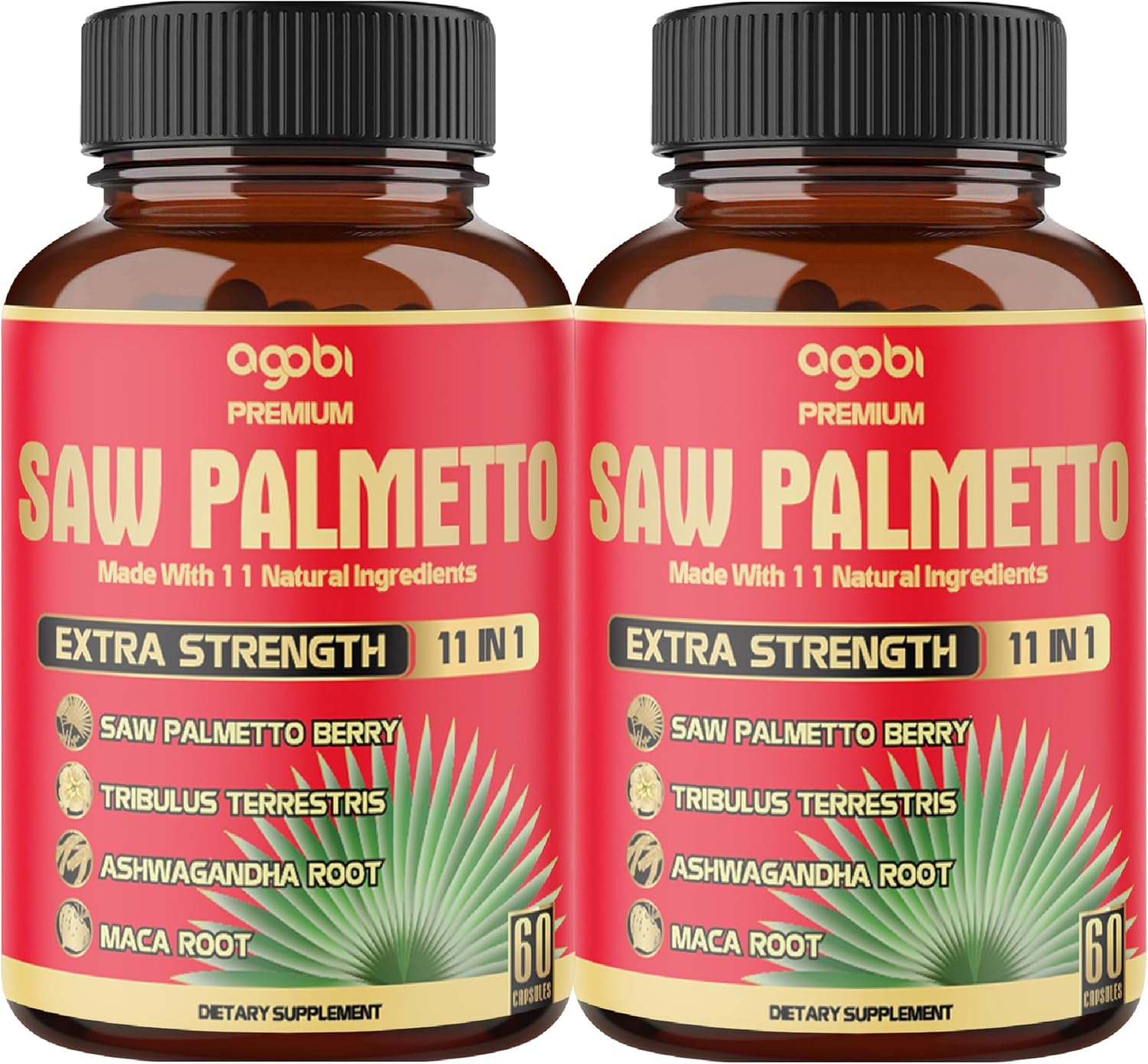 2 Packs 60 Counts 4 Months - Saw Palmetto Capsules 5300 Mg - 11In1 with Ashwagandha, Turmeric, Tribulus, Maca, Green Tea, Holy Basil & More - Extract for Prostate, Skin & Immune Support image number 5