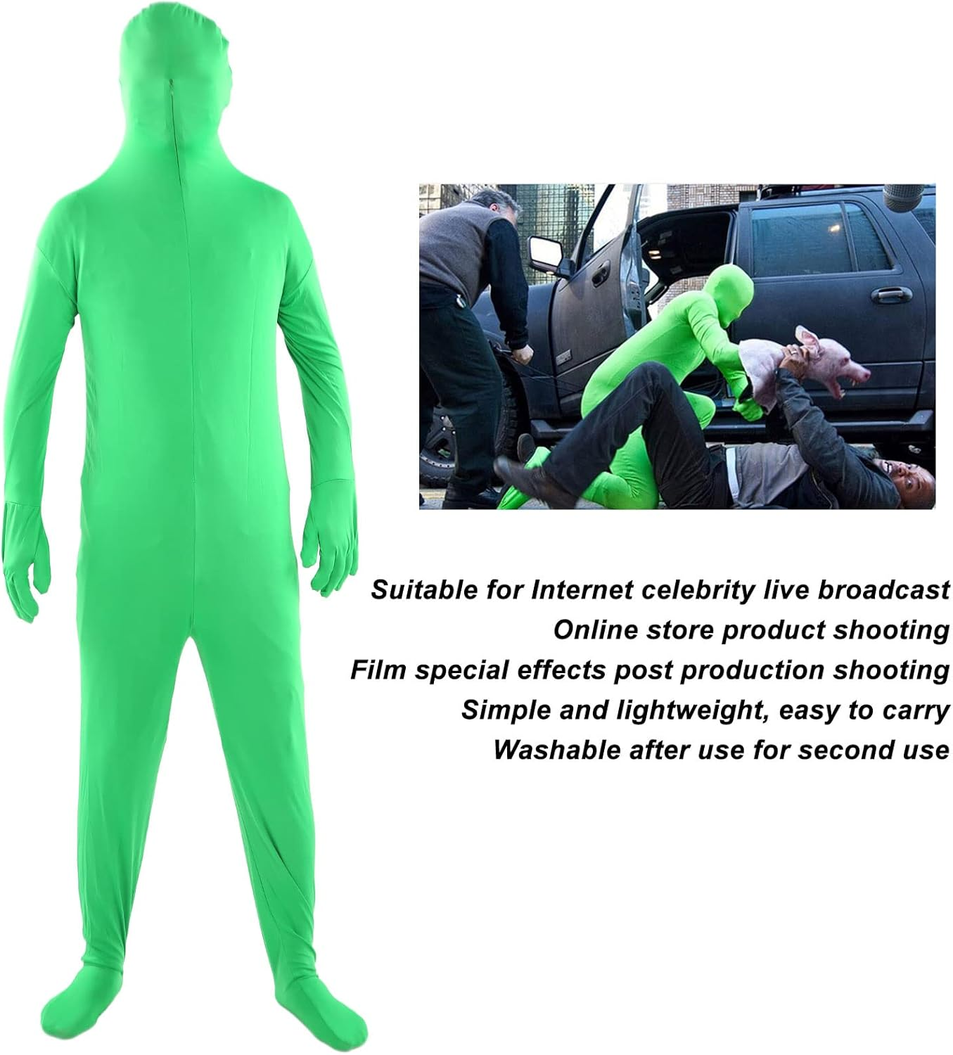 Green Chromakey Bodysuit, Unisex Photography Chromakey Body Suit, Full Body Zentai Disappearing Costume Green Bodysuit, Portable Reusable for Live Broadcast, Special Effects Post image number 3