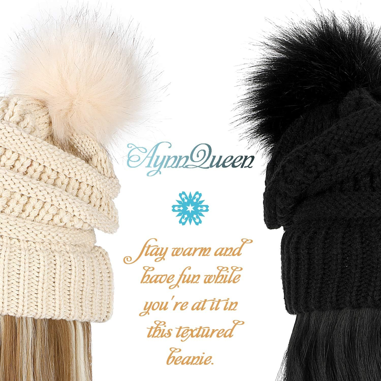 Aynnqueen Beanie with Hair Attached for Women Slouchy Cable Hat Wig Knit Beanie Winter Hat with 20" Removable Hair Extensions image number 5