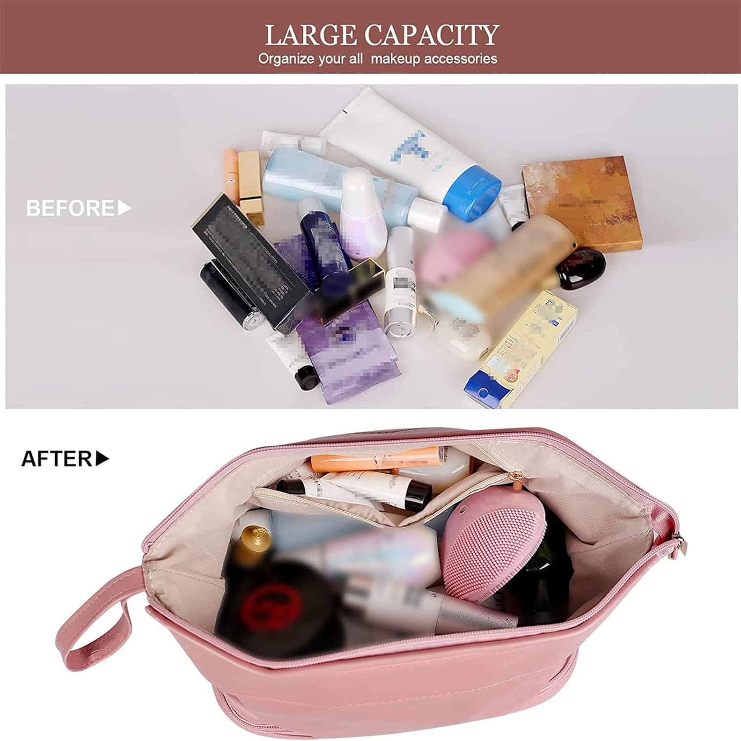 Travel Toiletry Bag for Women,Travel Makeup Bag Cosmetic Bags for Women, Travel Toiletry Organizer Double Layer Leather Cosmetic Travel Bag Toiletry Makeup Bags for Women Girls (Pink) image number 4
