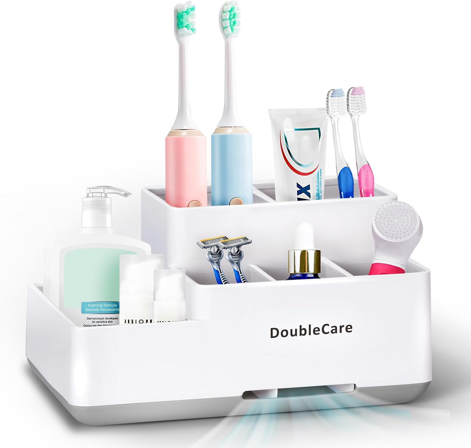 Toothbrush Holder with Anti-Slip,Bathroom Organizer Countertop Detachable for Easy Cleaning, Multifunctional Storage,Bathroom Caddy for Toothpaste (White)