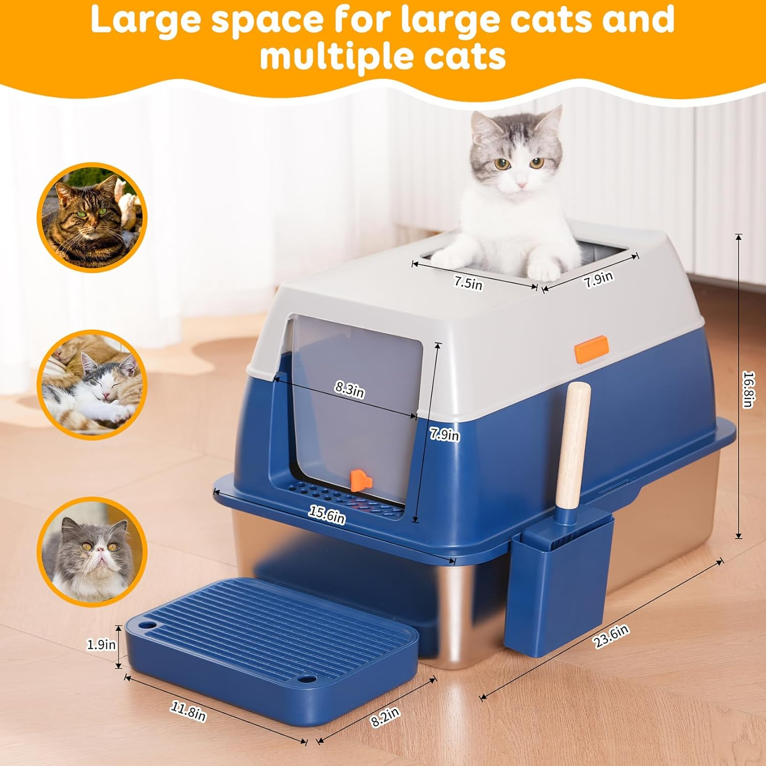 Enclosed Stainless Steel Litter Box with High Sides, Top Entry Jumbo Covered Metal Extra Large for Big Cats, Durable, anti Leakage, Odorless, Non-Sticky - Silver 2Pcs image number 5