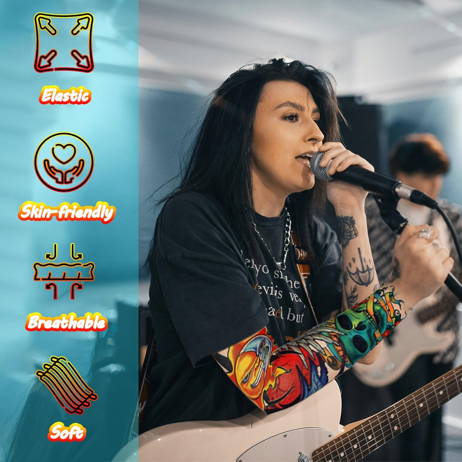 11Pcs Punk Gothic Rocker Costume Set, Rock Heavy Metal Accessories with Retro Sunglasses Gloves Bandana Fake Tattoo Sleeves Bracelet Rings Inflatable Guitar for Women Men Halloween 80S Disco Party image number 6