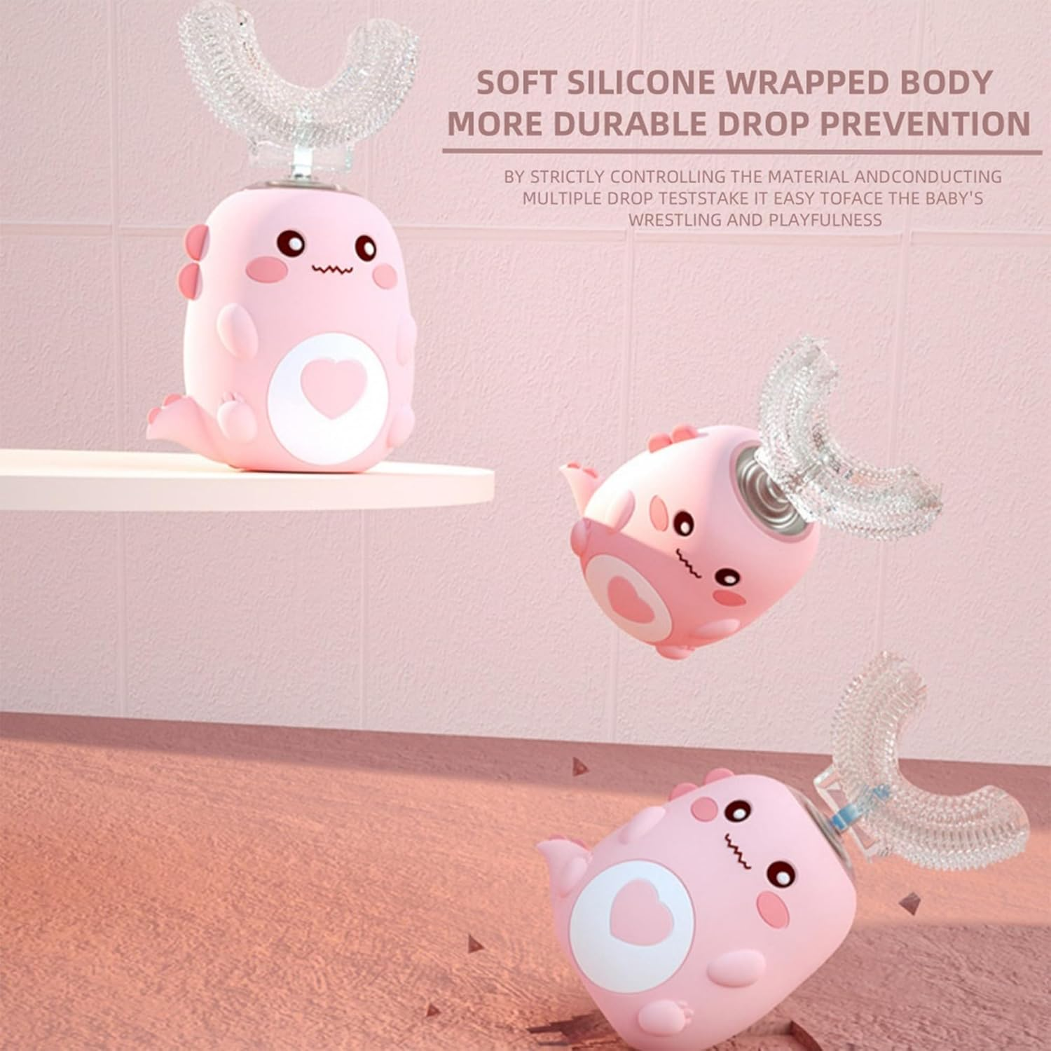 PLAYIKO Kids U Shaped Electric Toothbrush with 4 Brush Heads, 360&deg; Sonic Automatic Toothbrush with 3 Cleaning Modes, IPX7 Waterproof Cartoon Dinosaur Design (Ages 2-12) - Pink image number 3