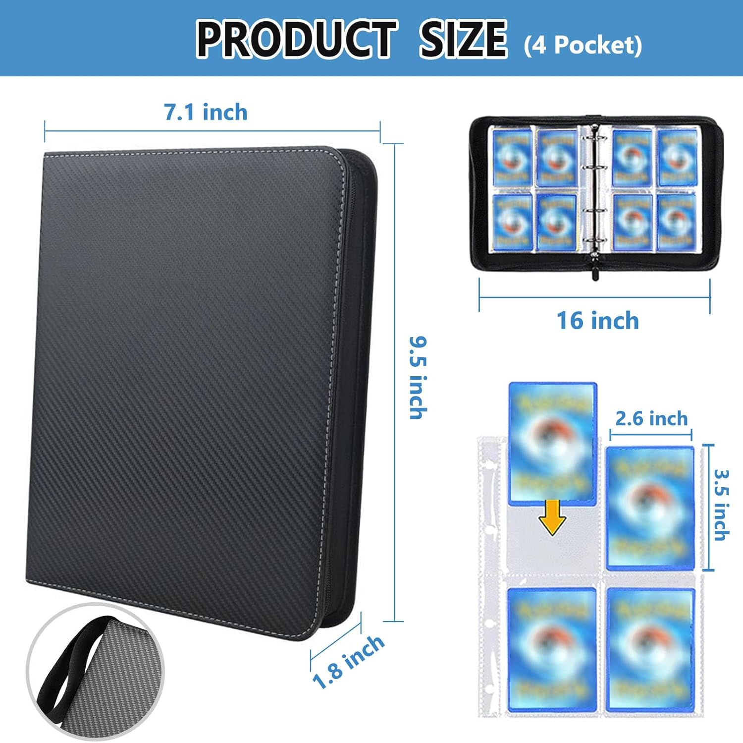 4 Pocket Trading Card Binder Fits 400 Cards, Waterproof 3-Ring Card Collector Album Expandable Card Holder Card Book with 50 Sleeves for Standard Size Cards Sports Cards Gaming Cards Baseball Cards image number 6