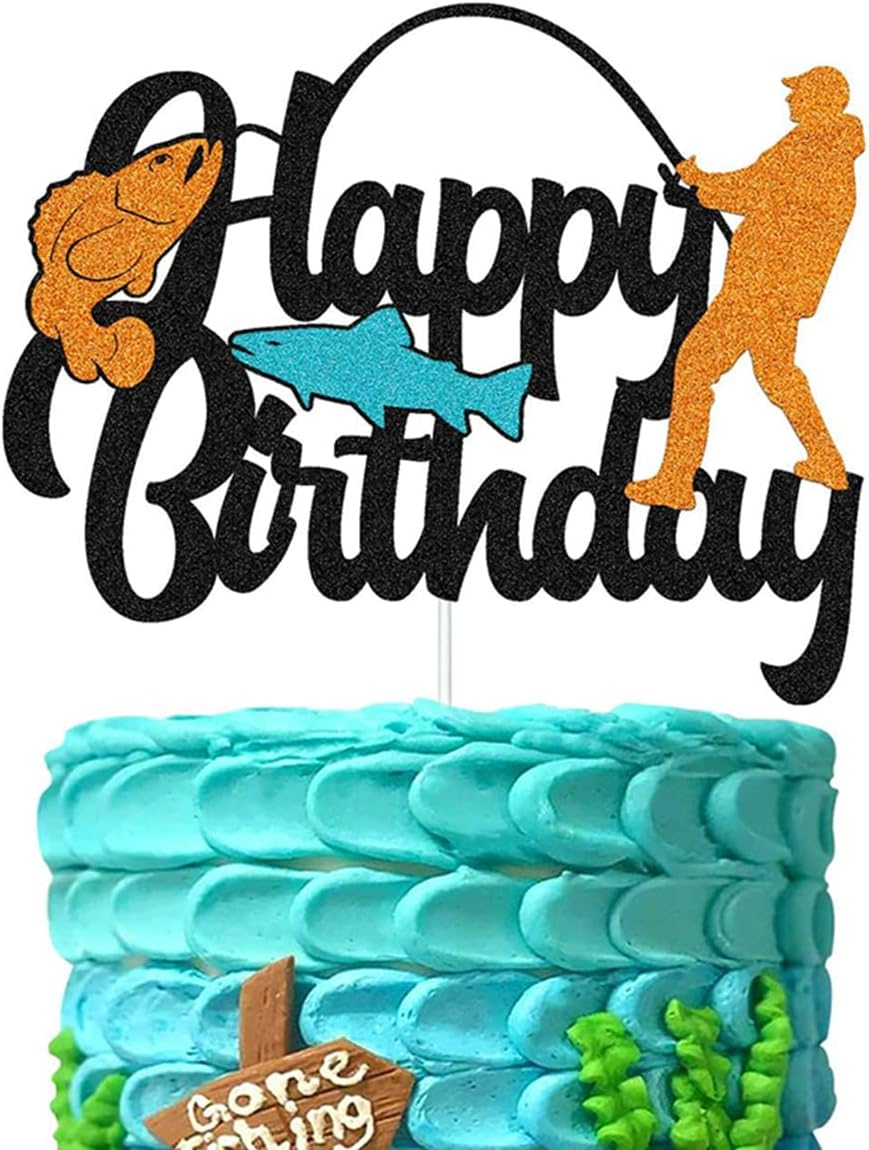 1Pc Fishing Cake Topper Glitter Fisherman Birthday Cake Pick Outdoor Gone Fishing Themed Men Boys Birthday Party Cake Decoration Supplies image number 5