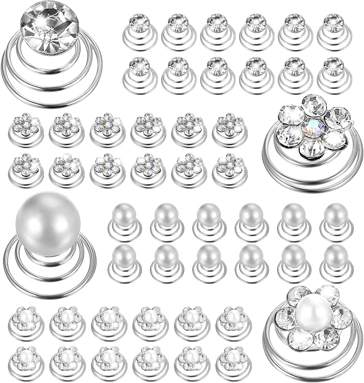 48Pcs, 4 Styles Rhinestone Crystal Pearl Twisters Spiral Set, Flower Jewels Hair Pins Silver Coil Accessories for Women, Bride, Bridesmaids, Wedding, Prom, Party and Special Occasion image number 3