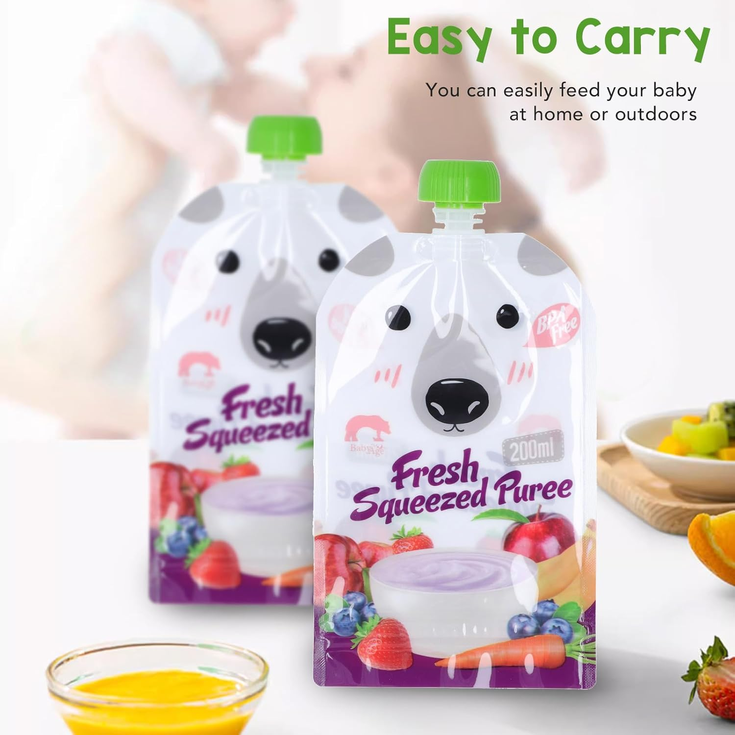 10 Pack Reusable Baby Food Pouches, 200ML Refillable Reusable Squeeze Pouch for Toddlers, Food Safe, Freezer Safe, Washable Baby Food Storage Pouches for Applesauce, Yogurt & Puree image number 5