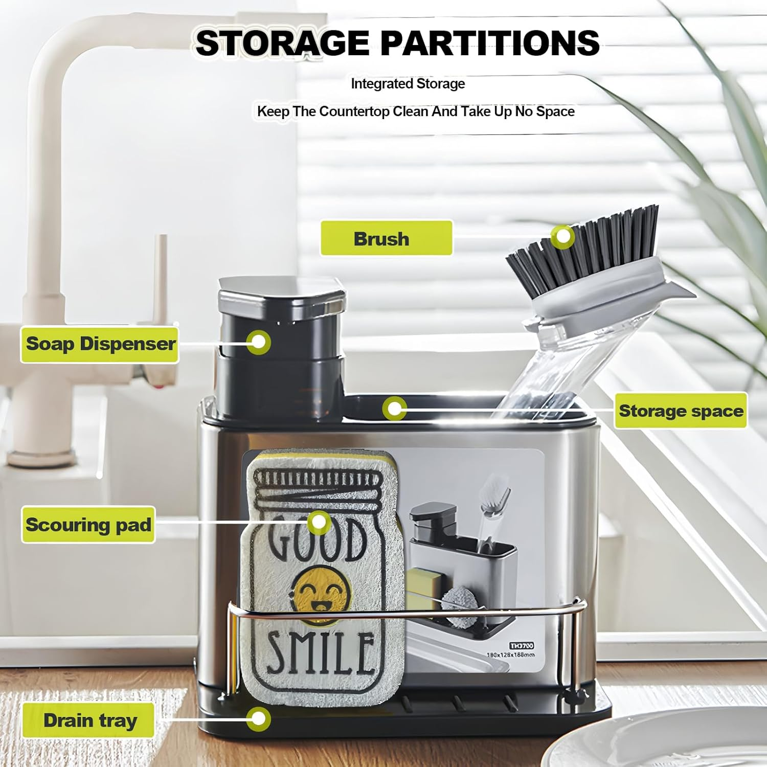 AIMANWEI 3-In-1 Hand and Dish Soap Dispenser Set for Kitchen,340Ml Stainless Stee Kitchen Soap Dispenser,Sink Caddy Sponge Holder Rack Shelf, for Hand Sanitizer, Bathroom Shower image number 2