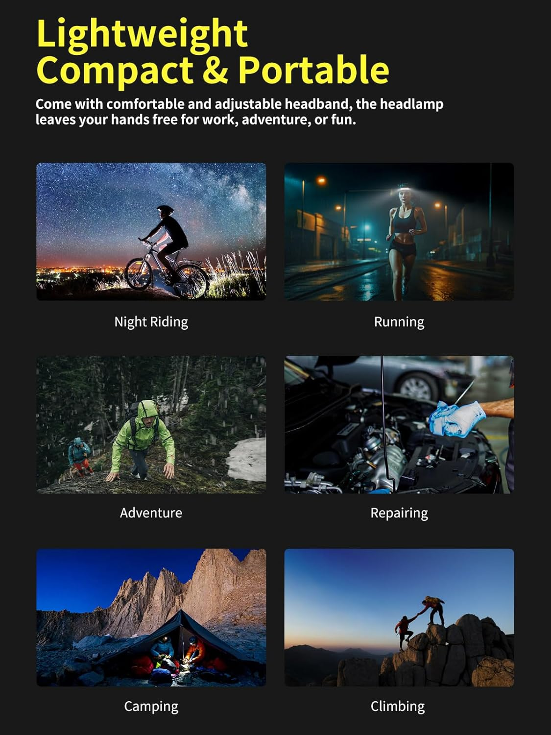 Smiling Shark Rechargeable Headlamp, 2 Pack Wide Angle 6*White Light the Brightest LED Head Lamp with Motion Sensor Waterproof Headlight for Camping Hiking Outdoor, Head-Light-Led-Lamp-Rechargeable image number 6