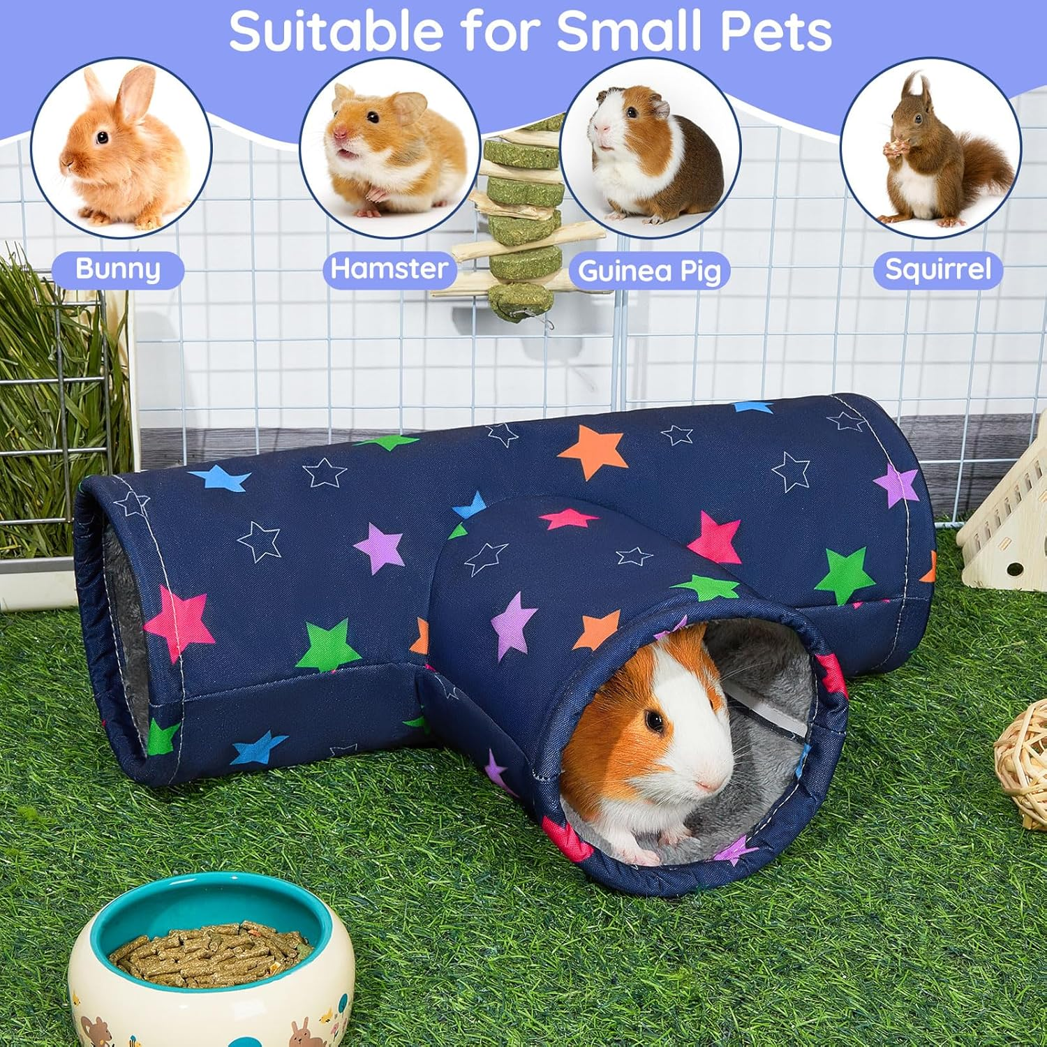 Glittme Guinea Pig Tunnel Machine Washable Guinea Pig Hideout Portable Rabbit Tunnel Soft Ferret Tunnel for Playing Resting Guinea Pig Accessories for Guinea Pig, Hedgehogs, Hamster,Colorful Stars image number 5