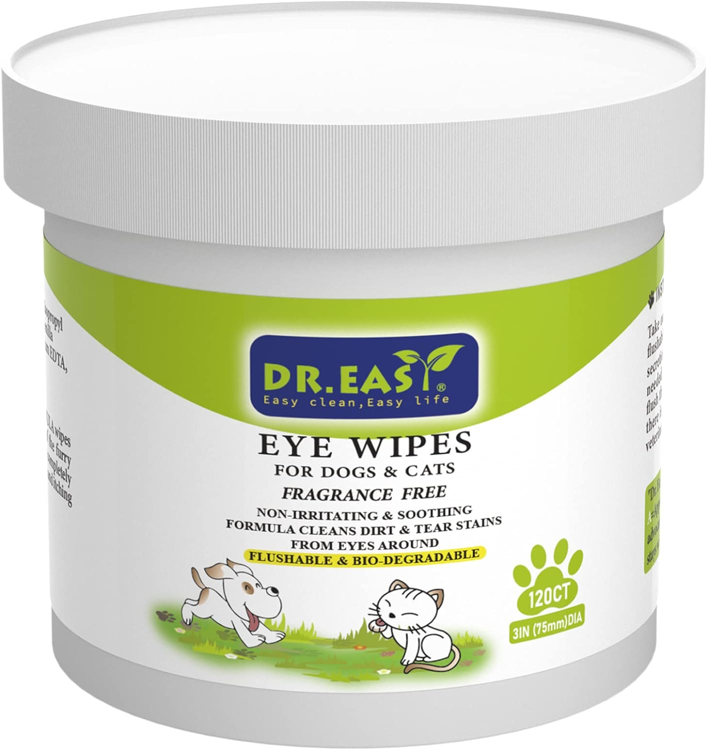 DR.EASY Pet Eye Wipes 120 Ct for Dog Cat Horse & Rabbit Grooming,Tear Stain Remover,Puppy Kitty Eye Wash,Remove Dirt Crust Dried Mucus Discharge Secretions, Unscented Soft & Gentle,Plant Based Formula (Pack of 1)