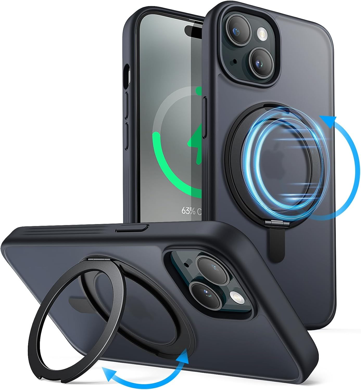 Jetech 360 Degree Rotatable Ring Case for Iphone 15 6.1-Inch Compatible with Magsafe, Slim Shockproof Phone Cover with Stand & Ring Holder (Black)