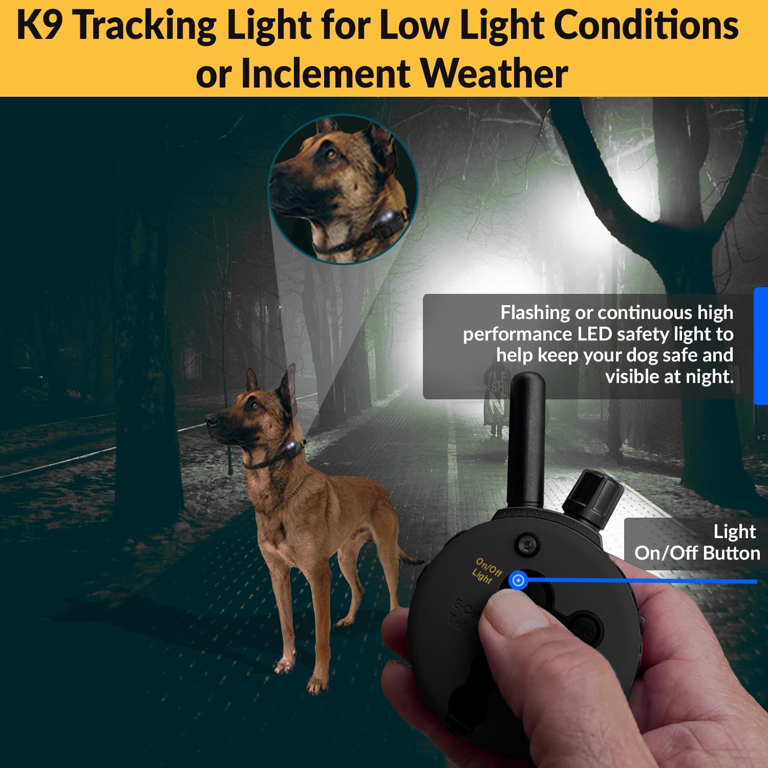 Educator K9 Tactical Dog Handler with Remote, 100 Levels Humane Stimulation, Pavlovian Tone, Waterproof, Odorproof Biothane Bungee Collar, Night Light, Rechargeable, 1 Mile 2 Dog, 33" Collar, Black image number 3
