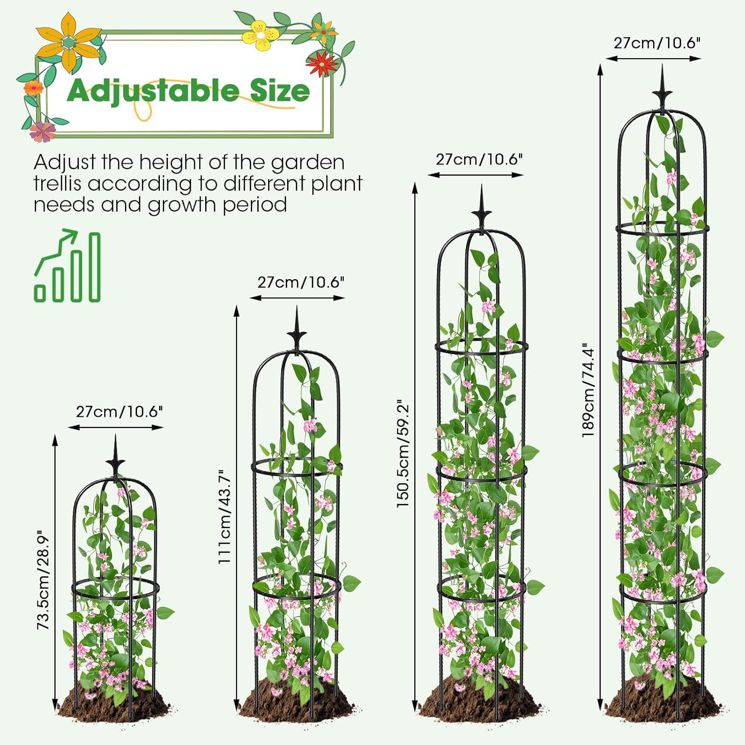 MQUPIN Garden Trellis Obelisk Upgraded, Tower Obelisk Trellis 150CM Durable U-Shaped Supports for Climbing Plants Rustproof Garden Climbing Trellis Indoor Outdoor Flower Stand Rose Trellis Vegetable image number 2