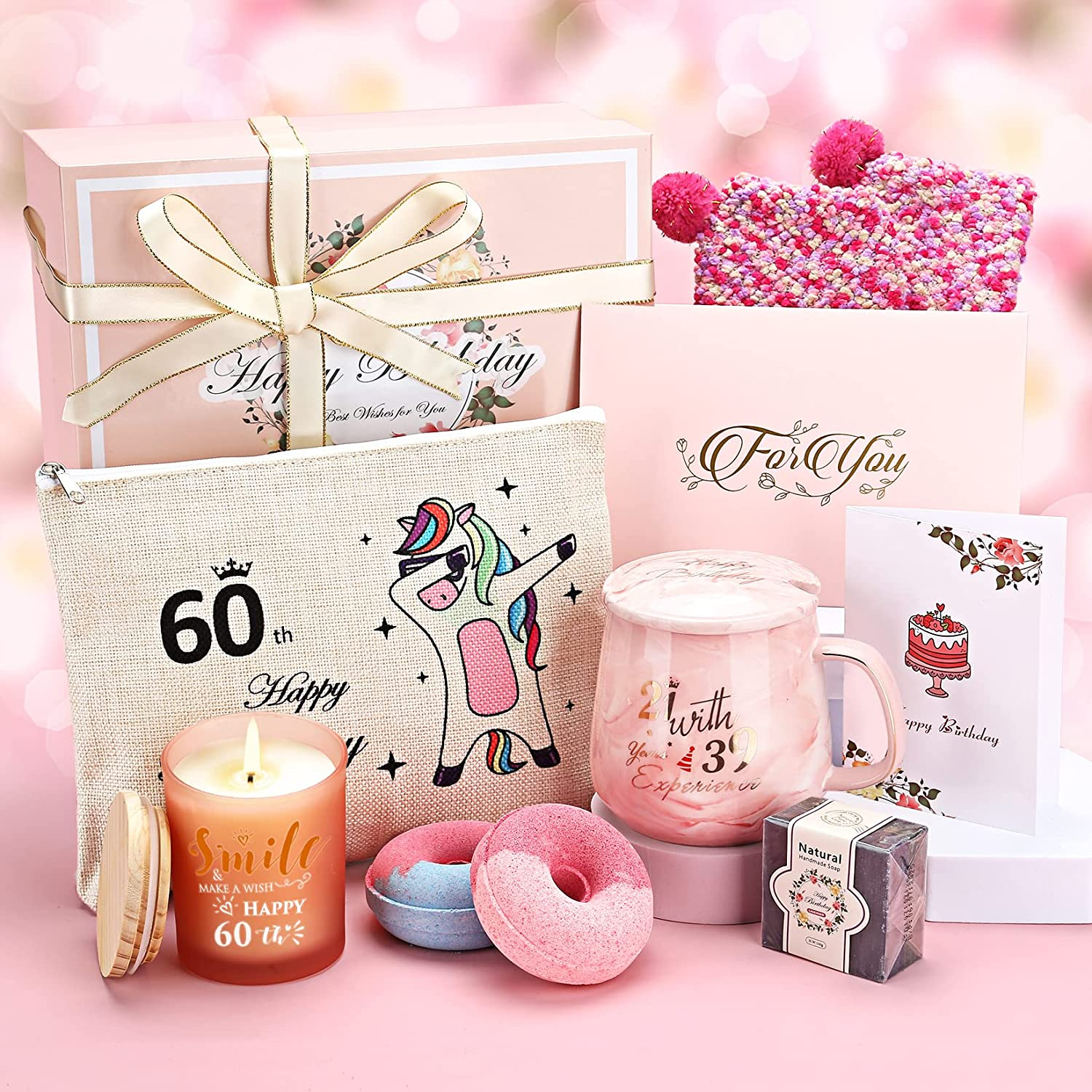 60Th Birthday Gifts for Women, Birthday Pamper Gifts for Mum Sister Wife Grandma Mom, Pamper Kit Self Care Package for Women Relaxing Bath Sets Spa Gift Baskets for Best Friend, Coffee Cup, Candle image number 4