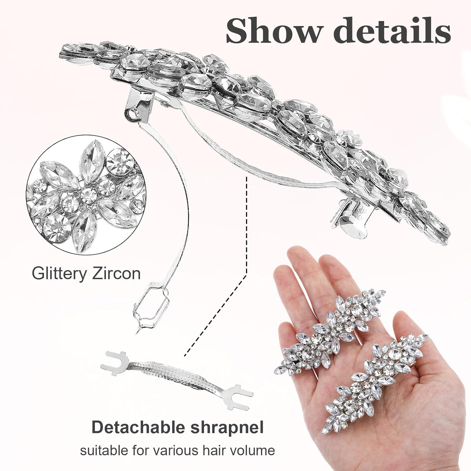 Pack of 2 Rhinestone Hair Clips, Sparkly Bridal Hair Accessories, Silver, Vintage Hair Clip, Silver, Sparkling Hair Pins, Wedding for Women and Girls, Evening Party, Wedding, Daily Use image number 5