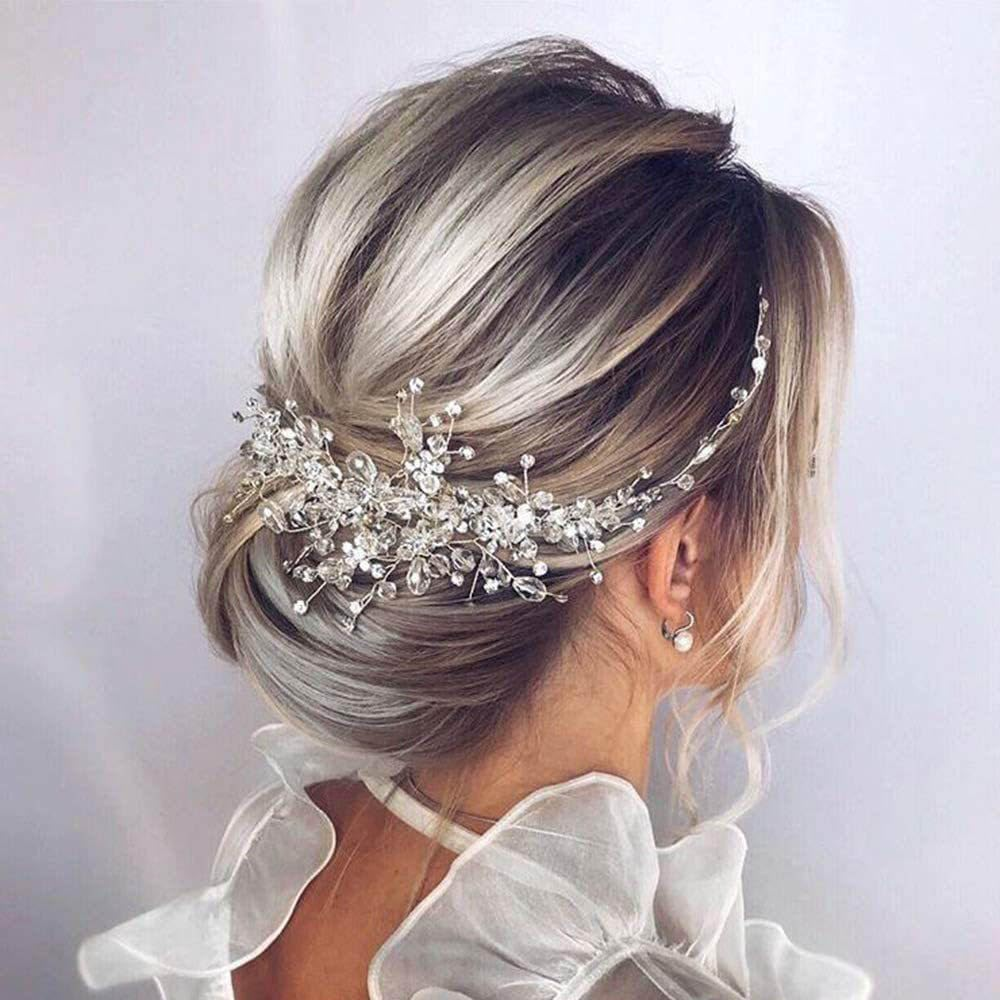 Resweky Bride Wedding Flower Hair Vine Silver Rhinestone Crystal Bridal Hair Pieces Beads Wedding Hair Band Accessories for Women Girls image number 1