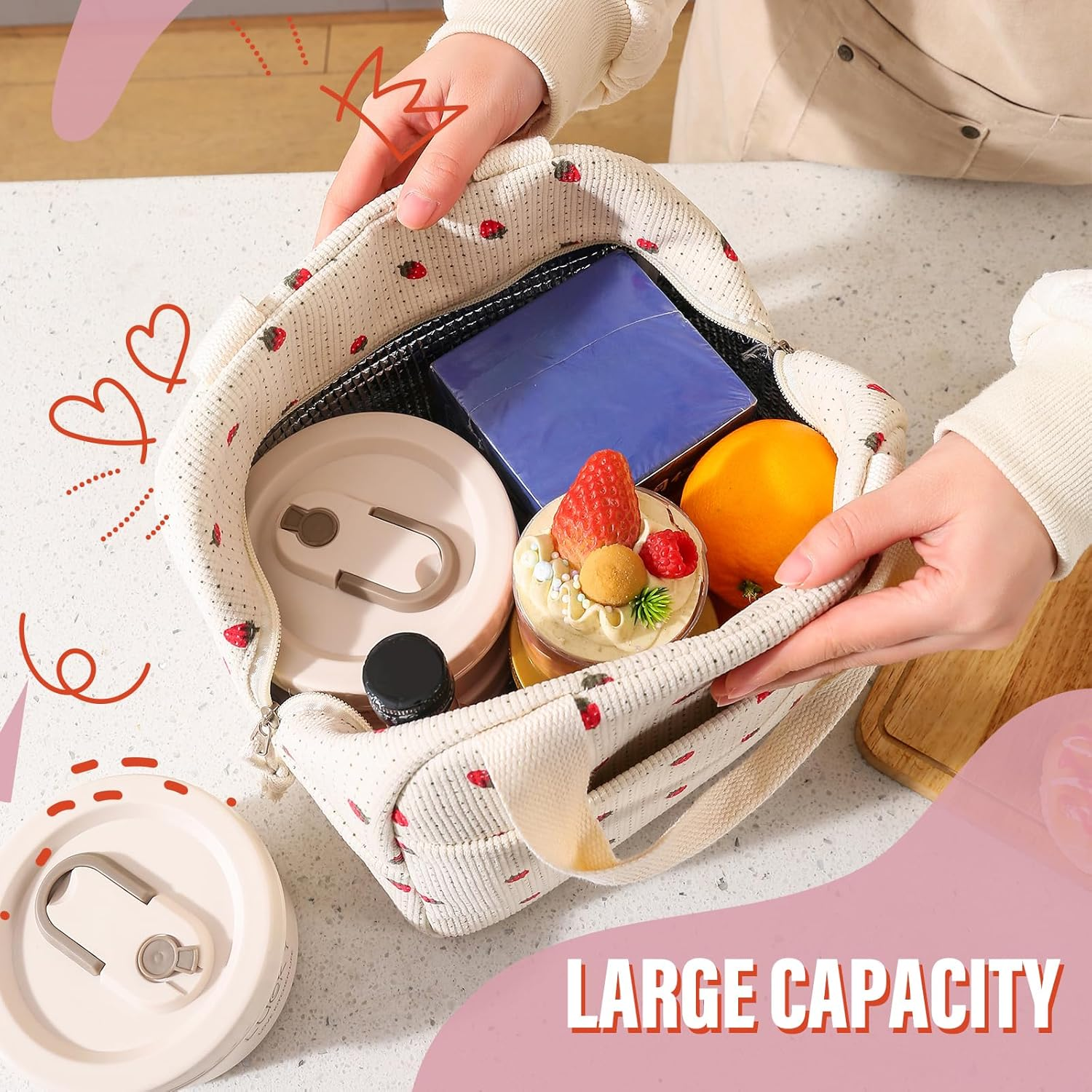 Viiotu Insulated Lunch Bag for Women,Large Lunch Bag with Insulation Aluminum Foil Pearl Cotton for Work, School, Picnic (Strawberry) - Strawberry image number 4