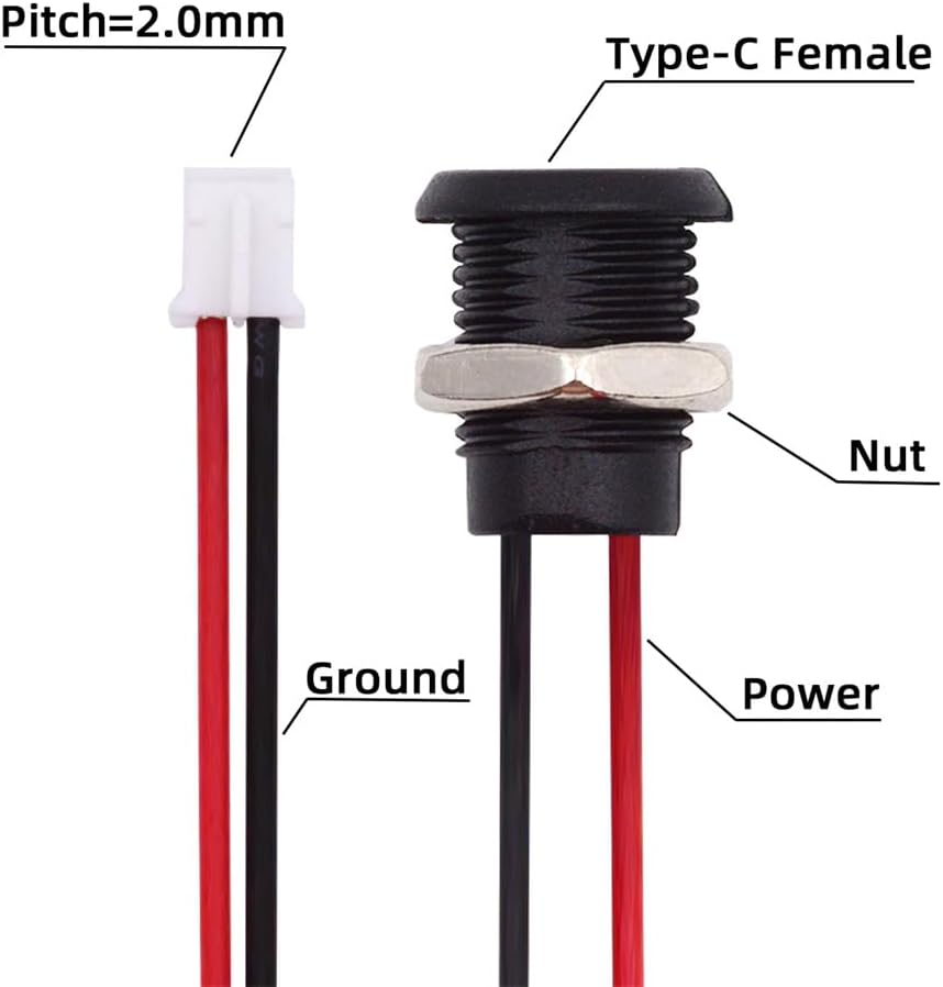 Xiwai 5Pcs DIY OEM Type C Female Socket to 2Pin Header Wire Extension DC 5V Power Cord Pitch=2.0Mm Panel Mount USB C Waterproof Jack 17.5Cm image number 3