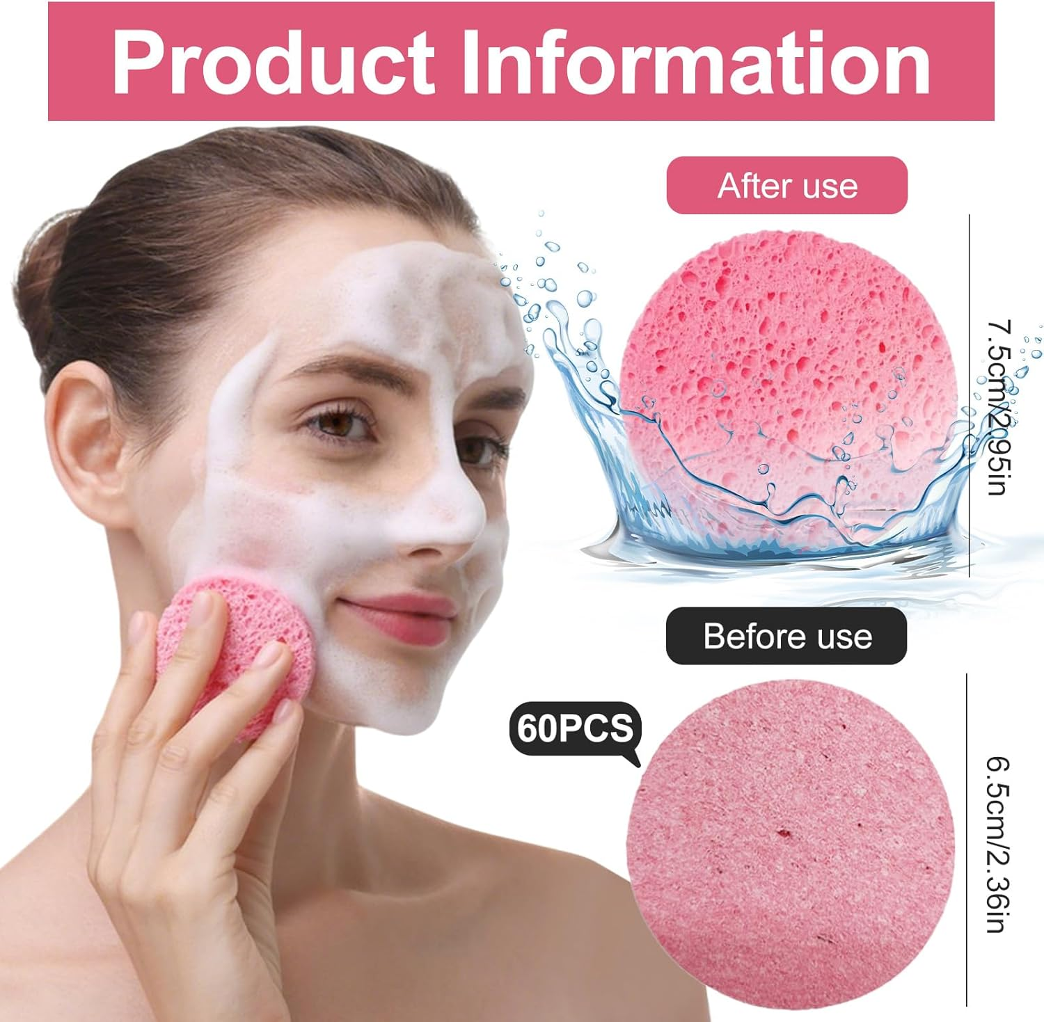 Pack of 60 Compressed Face Sponges, Reusable Makeup Remover Pads, Make-Up Sponge, Cellulose Face Sponges, for Removing Make-Up, Cleansing and Exfoliating the Face image number 6