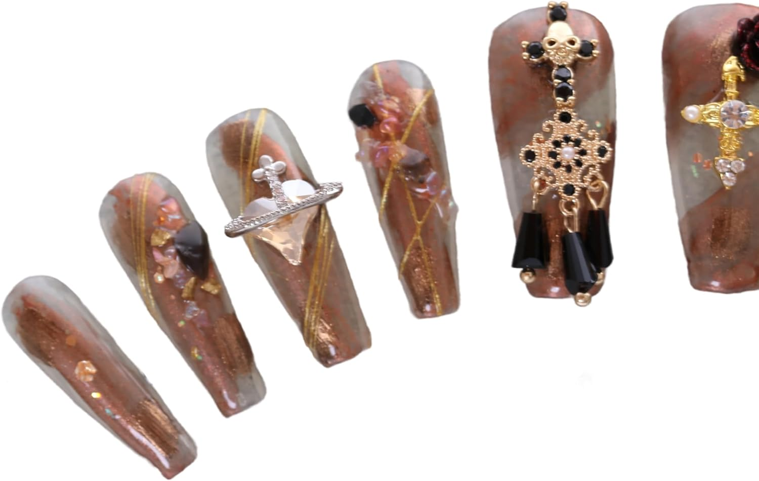 PN-023 Press-On Nails Varnished Pack of 10 Reusable Artificial Premium Nails Desert Rose Wings Transparent Brown image number 1