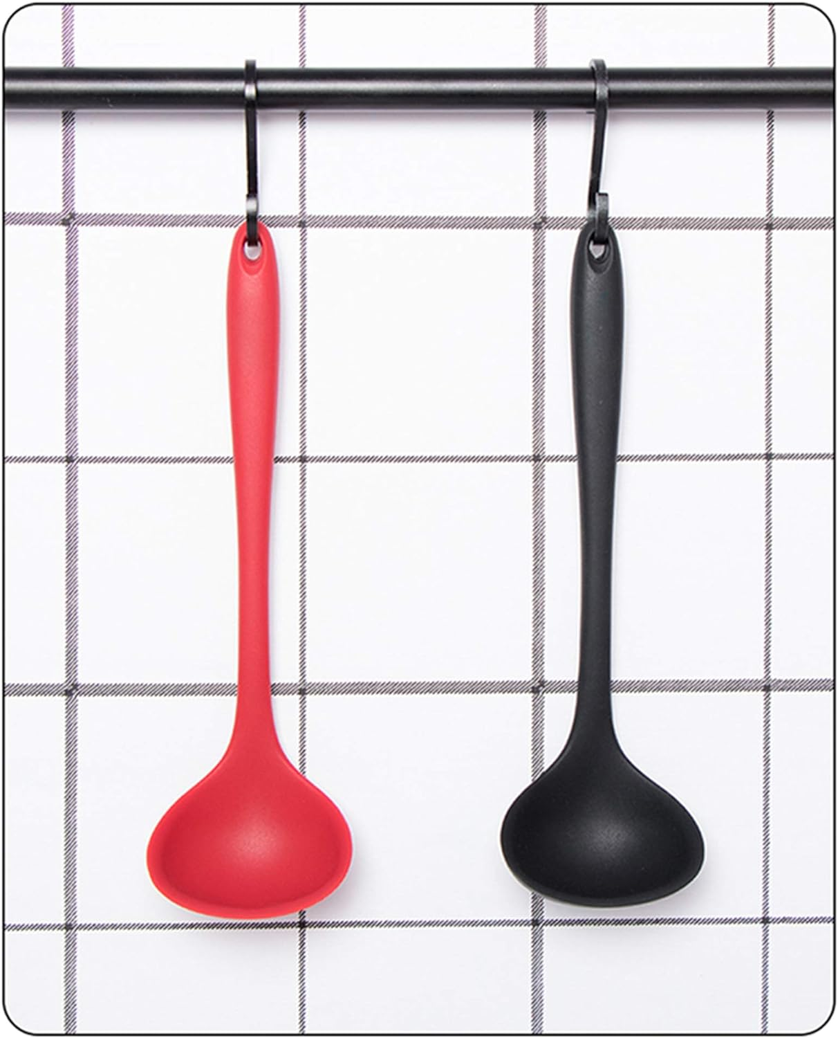 Silicone Ladle Soup Spoon Set of 2, Nonstick Heat Resistant Long Handle Unbreakable Big round Scoop for Home Kitchen Cooking,Red and Black image number 6
