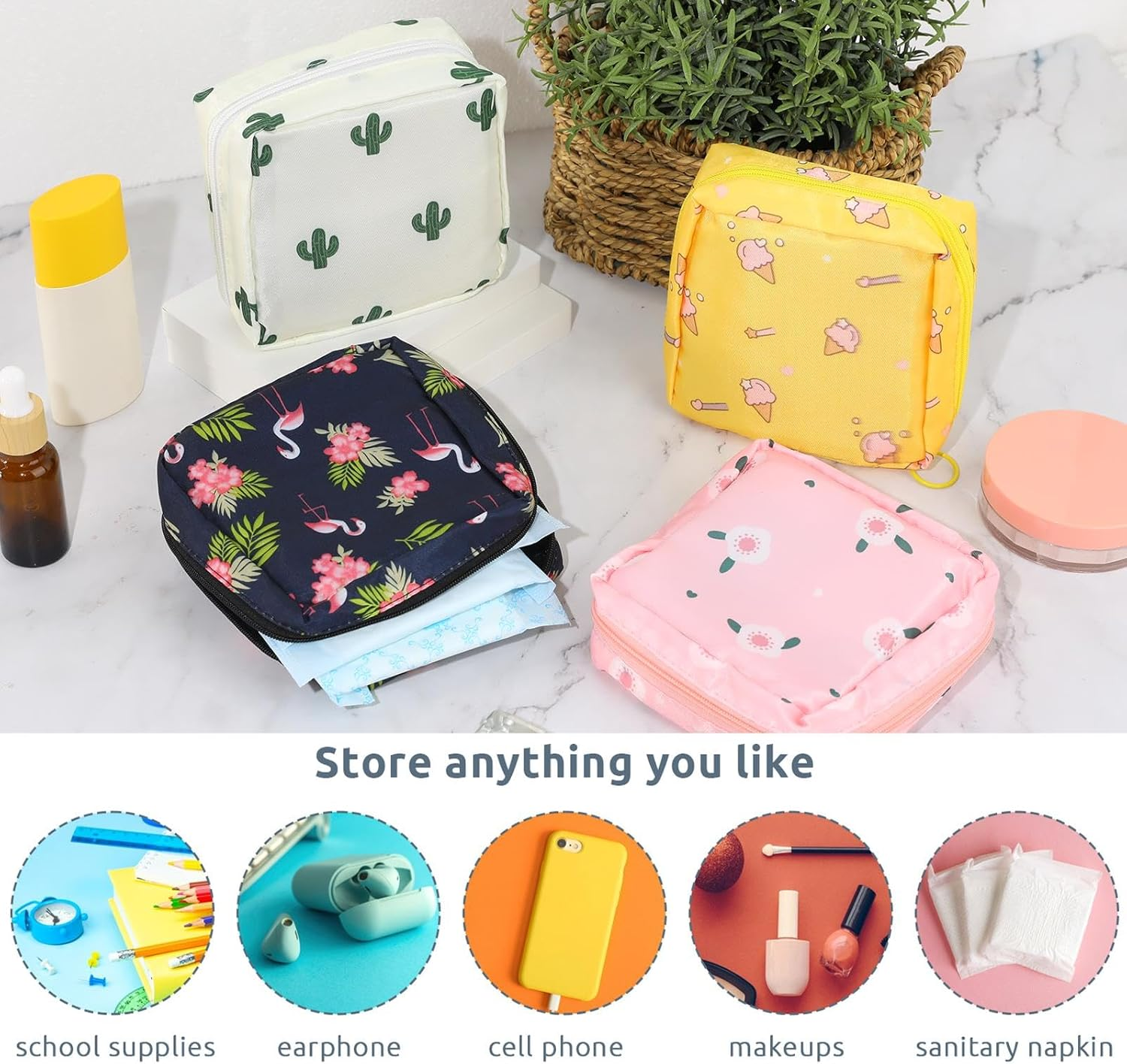 KALIONE 4Pcs Sanitary Napkin Pad Pouch, Period Bag Period Pouch,Tampon Storage Pouch, Portable Reusable Menstrual Pads Bags for Women Teen Girls, Tampons Holder, Pad Bag, Feminine Care - Set E (4Pcs) image number 2