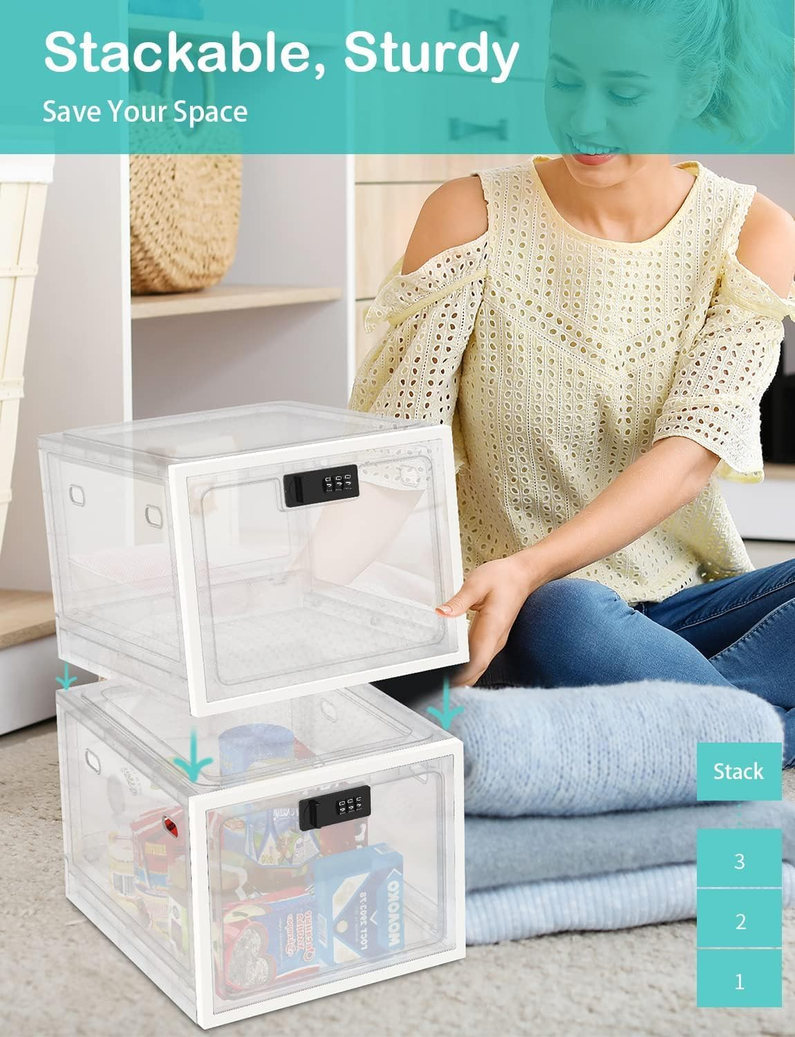 Large Lock Box, Medicine Lockable Storage Box Container for Medication Storage, Refrigerator Food Safe Locking Box Tablet Phone Locked Box for Kitchen Home School and Office Safety (White, 1PC)