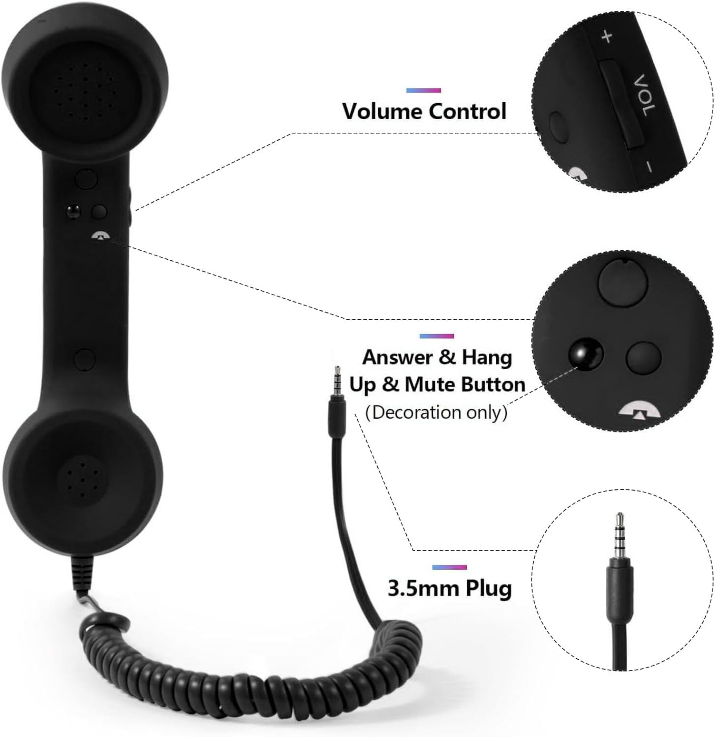Jectse Vintage Telephone Handset, Reduce Radiation, Excellent Quality, Easy to Use, Suitable for Smartphones with 3.5Mm Jack and USB C, Retro Design (Black) image number 5