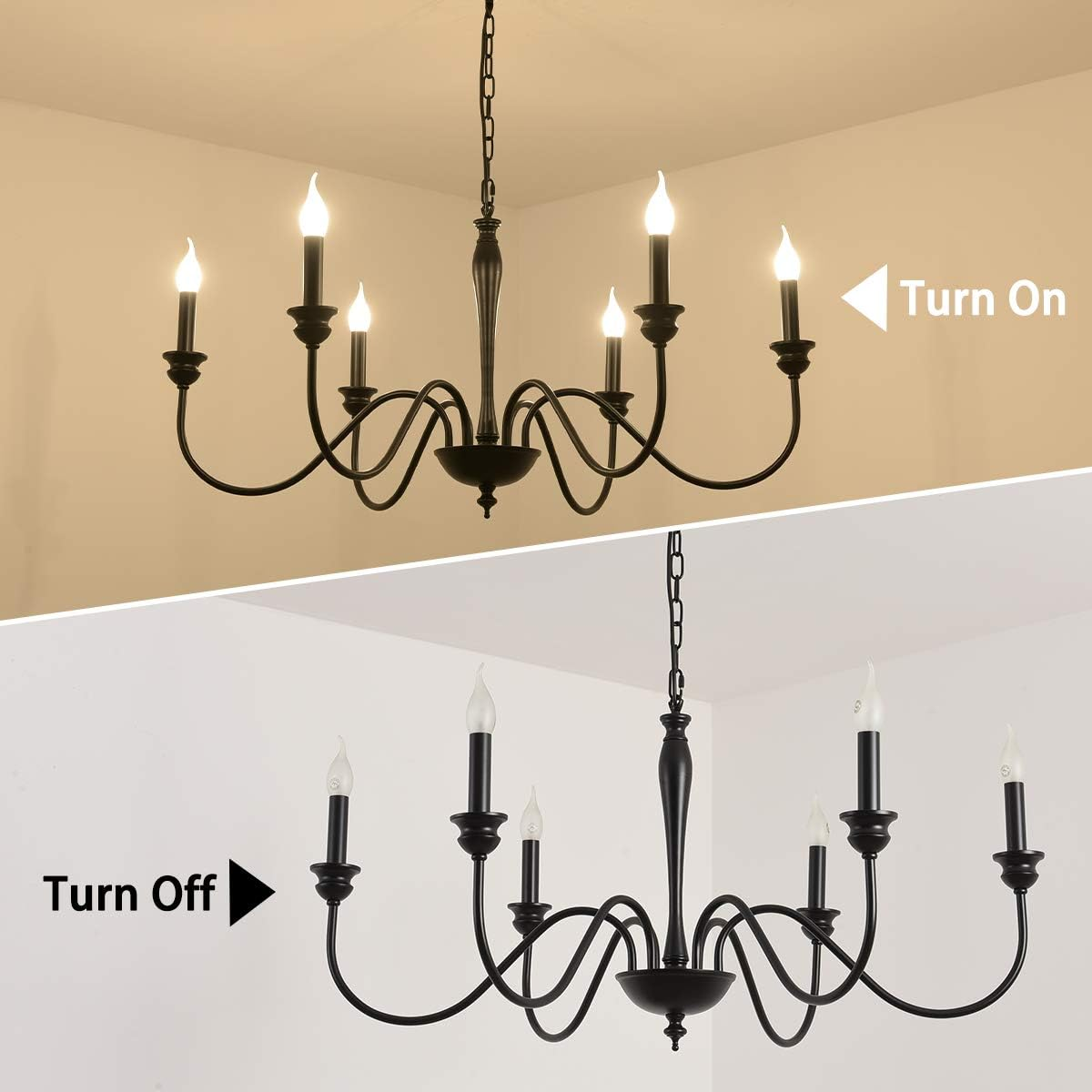 Ganeed 6-Light Farmhouse Chandeliers, Black Classic Candle Ceiling Pendant Light Fixture, Rustic Ceiling Chandelier for Kitchen Island, Foyer, Living Room, Dining Room - E14 - Black 12 Light image number 4