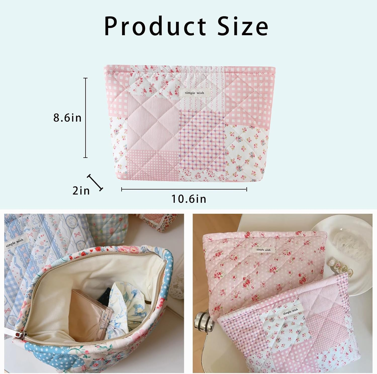 Uekeboag Quilted Floral Cotton Makeup Pouch,Coquette Quilted Cosmetic Bag for Women and Girls, Aesthetic Organizer Bag, Flower Cute Travel Toiletry Bags, Patchwork Pink, Vintage Chic