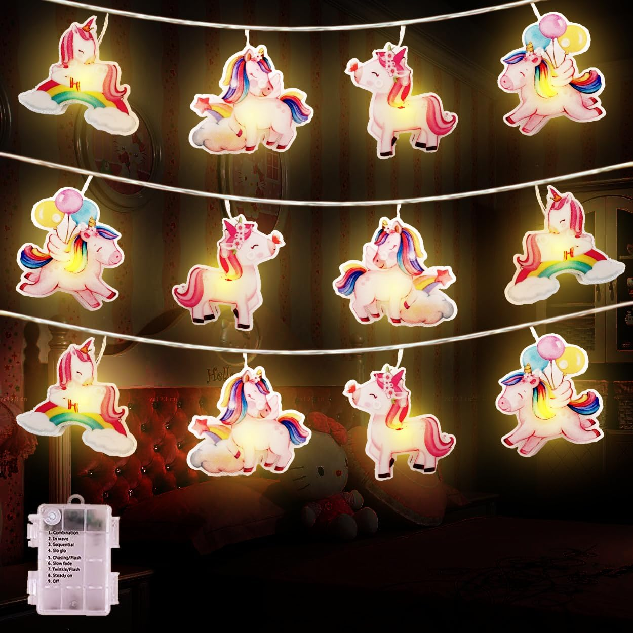 Hoolight Unicorn String Lights 20Led 14 Ft Unicorn Fairy Lights Girl Room Decoration Unicorn Birthday Decorations Battery Powered String Lights Birthday Party Unicorn Decor(8Mode) image number 2