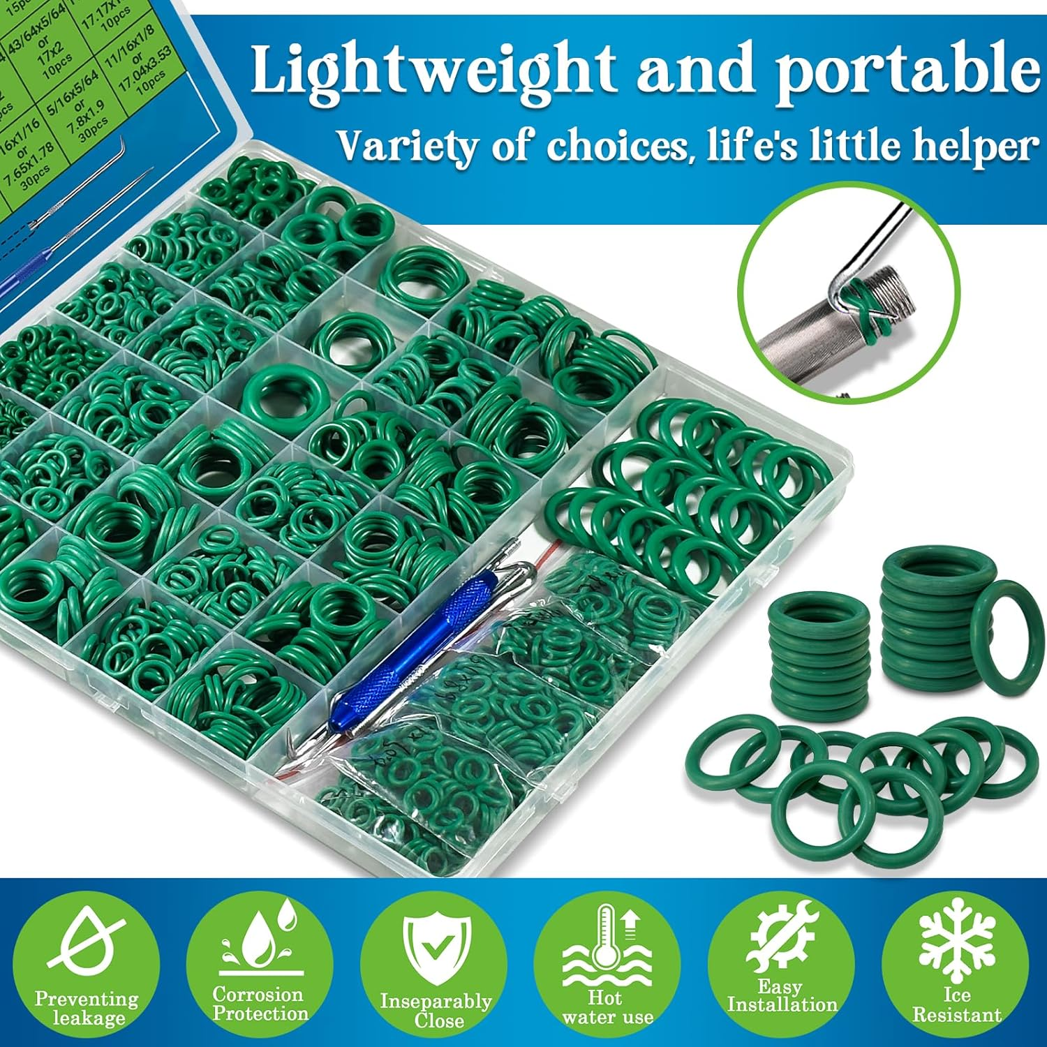 595 Pcs Automotive AC O Rings Kit, SAE and Metric Air Conditioning Orings Assortment Set for Car A/C Compressor and Professional Plumbing Faucet Seal Repair with 4 Pick & Hook (Green) image number 3