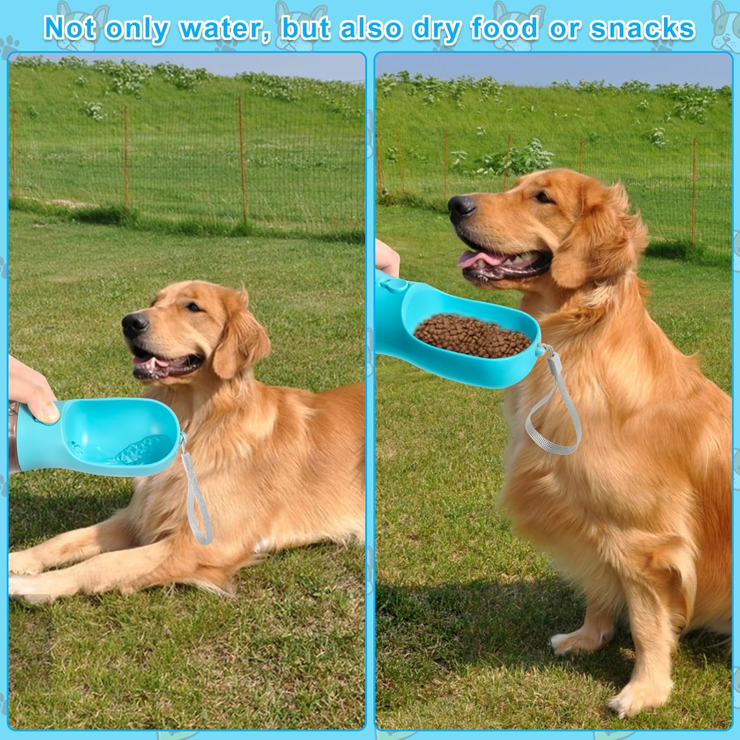 Portable Pet Water Bottle, 550 Ml, Dog, Cat, Pets, Leak-Proof Water Bottle with 100 Ml Dog Food Cup, Perfect for Dogs on the Go, Leak-Proof Outdoor Water Bottle (Blue)