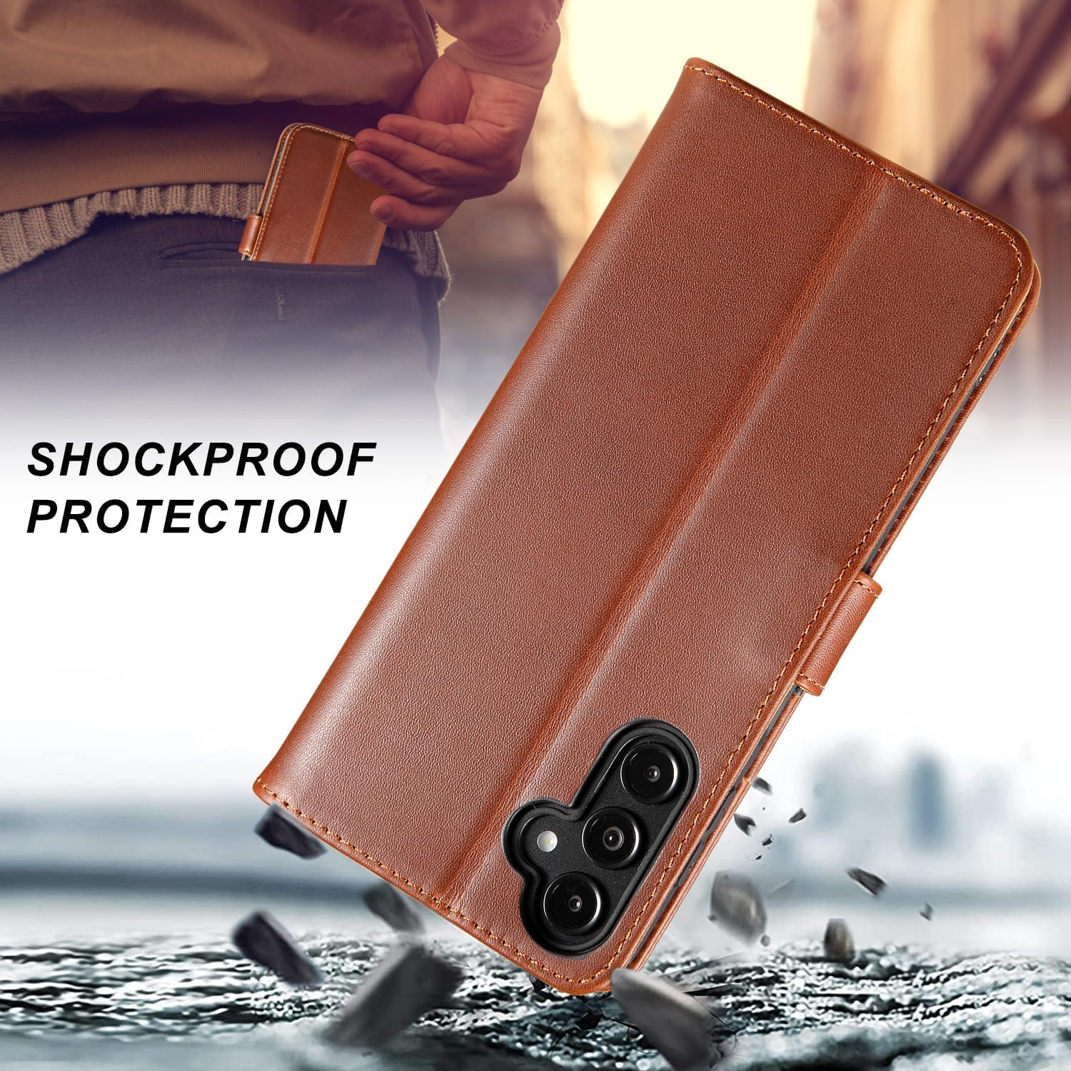 LENSUN Leather Case for Samsung Galaxy A25 5G, Genuine Leather Case [Card Slot] [RFID Protection] [Genuine Leather] Mobile Phone Case [Foldable] Mobile Phone Case for Samsung Galaxy A25 &ndash; Dark Brown image number 5