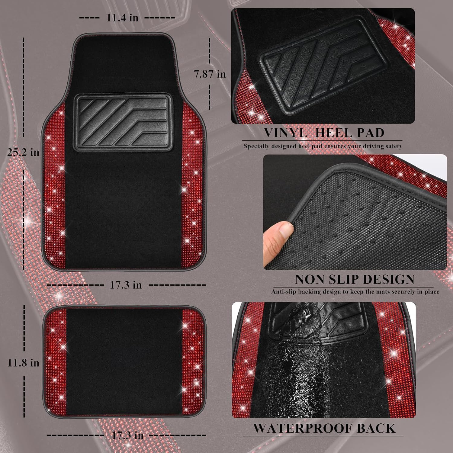 Flying Banner Bling Diamond Car Floor Mats, Shining Rhinestone Carpet Sparkly Glitter Crystal with Anti-Slip PVC Heel Pad Waterproof Universal Fit Automotive Suv,Sedan,Van,Cute Girl Women (Red) image number 4