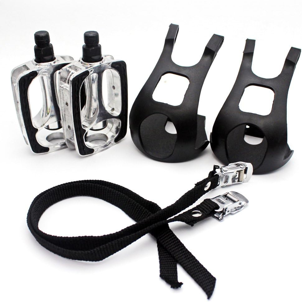 DRBIKE Bike Pedals with Toe Clips/Cages and Straps, 9/16" Aluminum Alloy or PP Bicycle Pedals for Exercise Bike Spin Bike Mountain Bike, 1 Pair