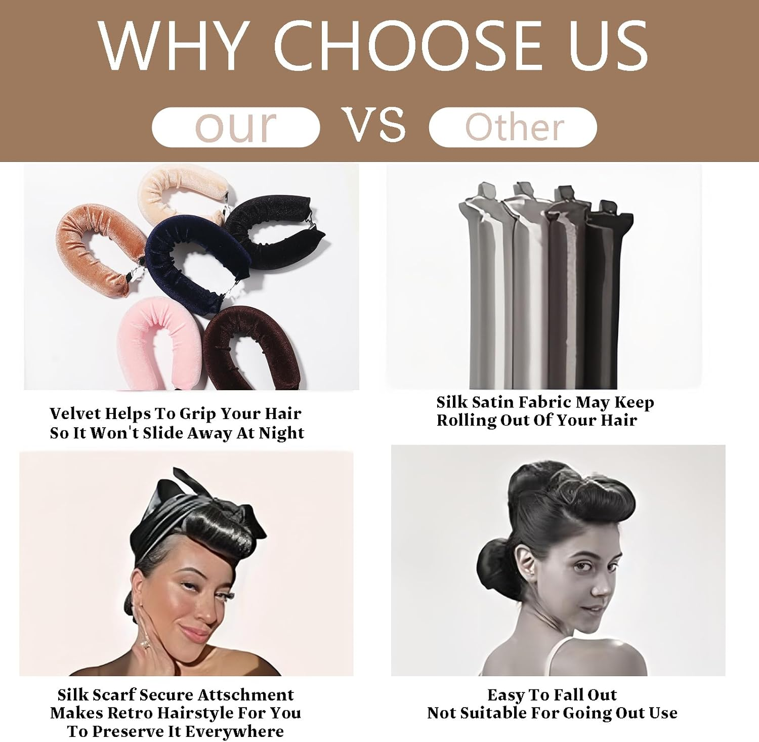 Heatless Hair Curler Rod Headband for Styling Tools, Sleep Overnight Curling Rollers Set, 4 Pack Khaki Color Rods with One Silk Head Scarf - Khaki Color image number 6