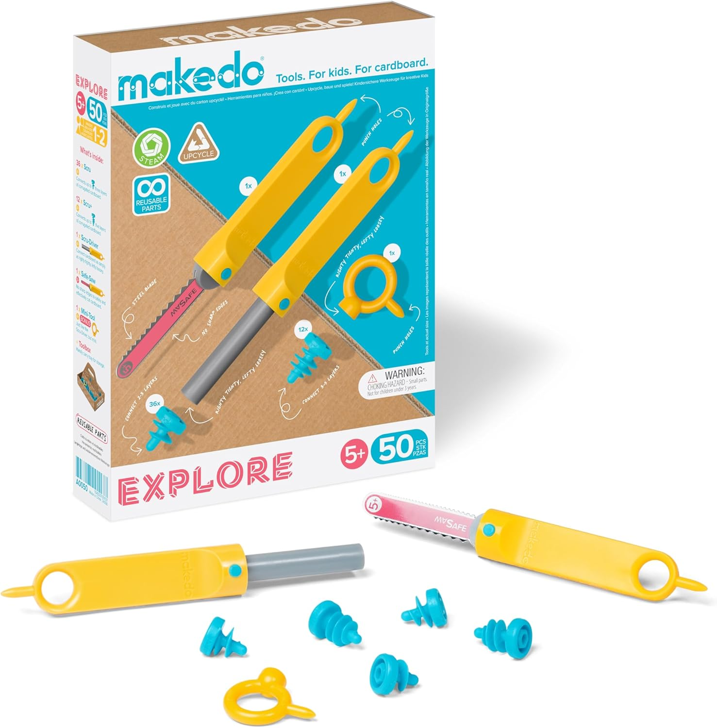 Makedo Explore | Upcycled Cardboard Construction Tool Kit in Small Toolbox (50 Pieces) | STEM + STEAM Educational Toys for at Home Play + Classroom Learning | Reusable Tools for Boys and Girls Age 5+ image number 3