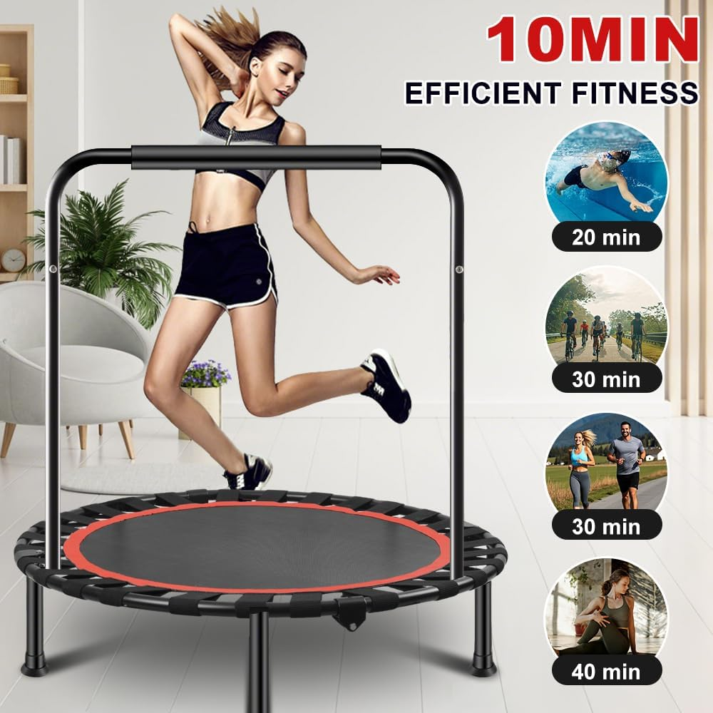 VOLKWELL 40Inch/50Inch Foldable Mini Trampoline, 150KG Heavy Duty Fitness Rebounder with Adjustable Handle & Non-Slip Mute Legs, Indoor/Outdoor Exercise Equipment for Adults image number 3