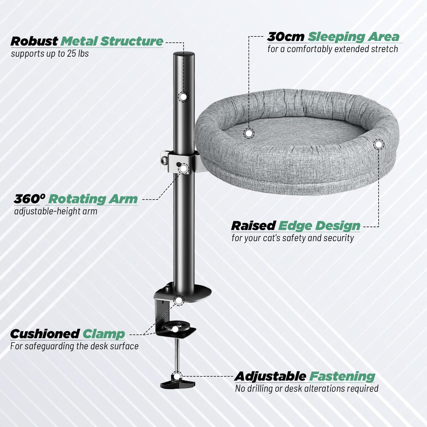 Raised Cat Bed &ndash; 360&deg; Rotating Cat Hammock for Desk | Spacious Elevated Cat Nest with Soft Plush Cushion | Adjustable Height up to 40Cm | Secure Padded Clamp, Space-Saving & Machine Washable image number 5