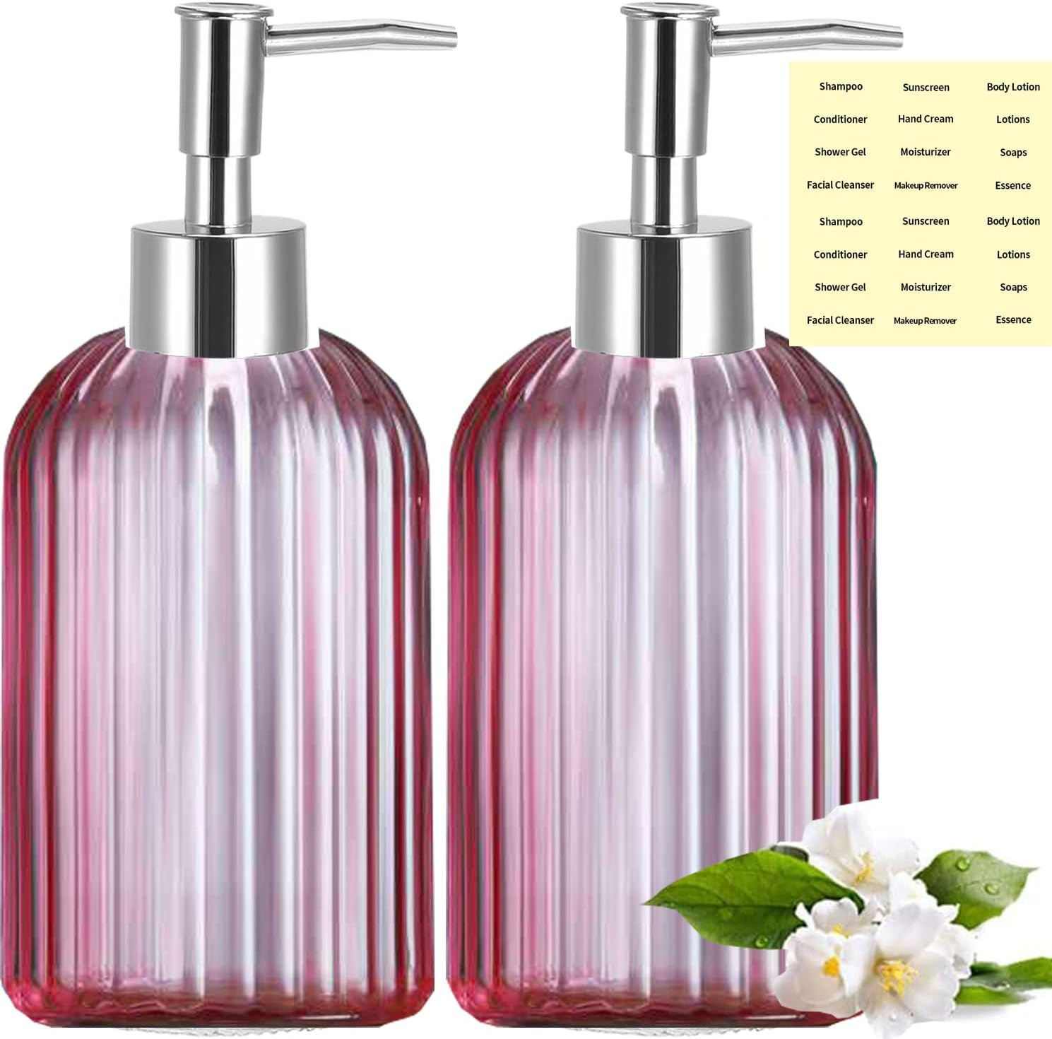 Clear Glass Soap Dispenser (2 Pack 400ML) Refillable Hand Soap Dispenser Vertical - Stripe Bathroom & Kitchen Dispensing Containers (Pink) image number 4