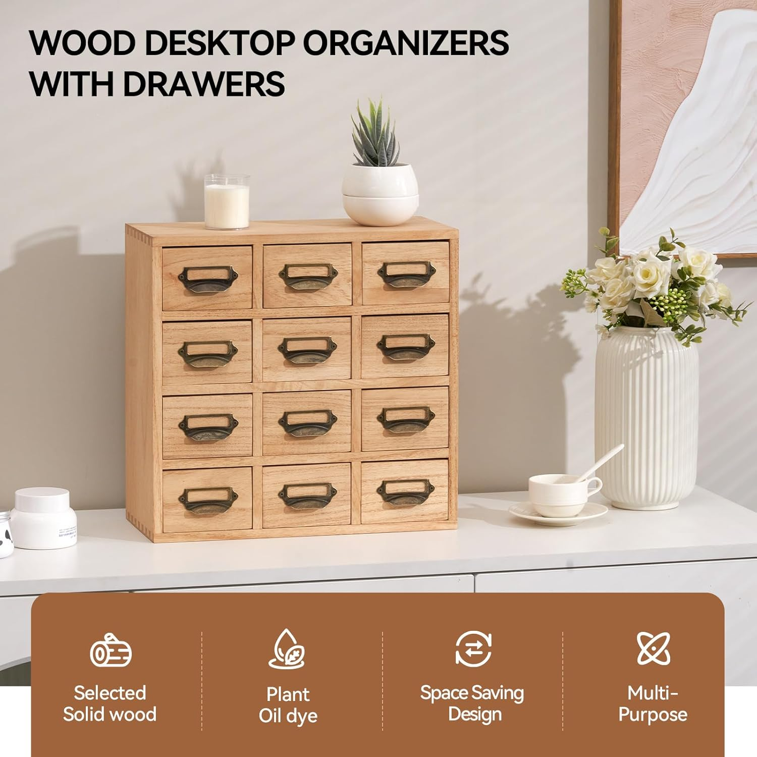 KIRIGEN Wood Drawer Organizer Desktop Storage Cabinet Box Drawers for Home Office Desk Organization and Storage 12 Drawer Mini Chest with Metal Handles Natural(12Cg-Na) image number 6