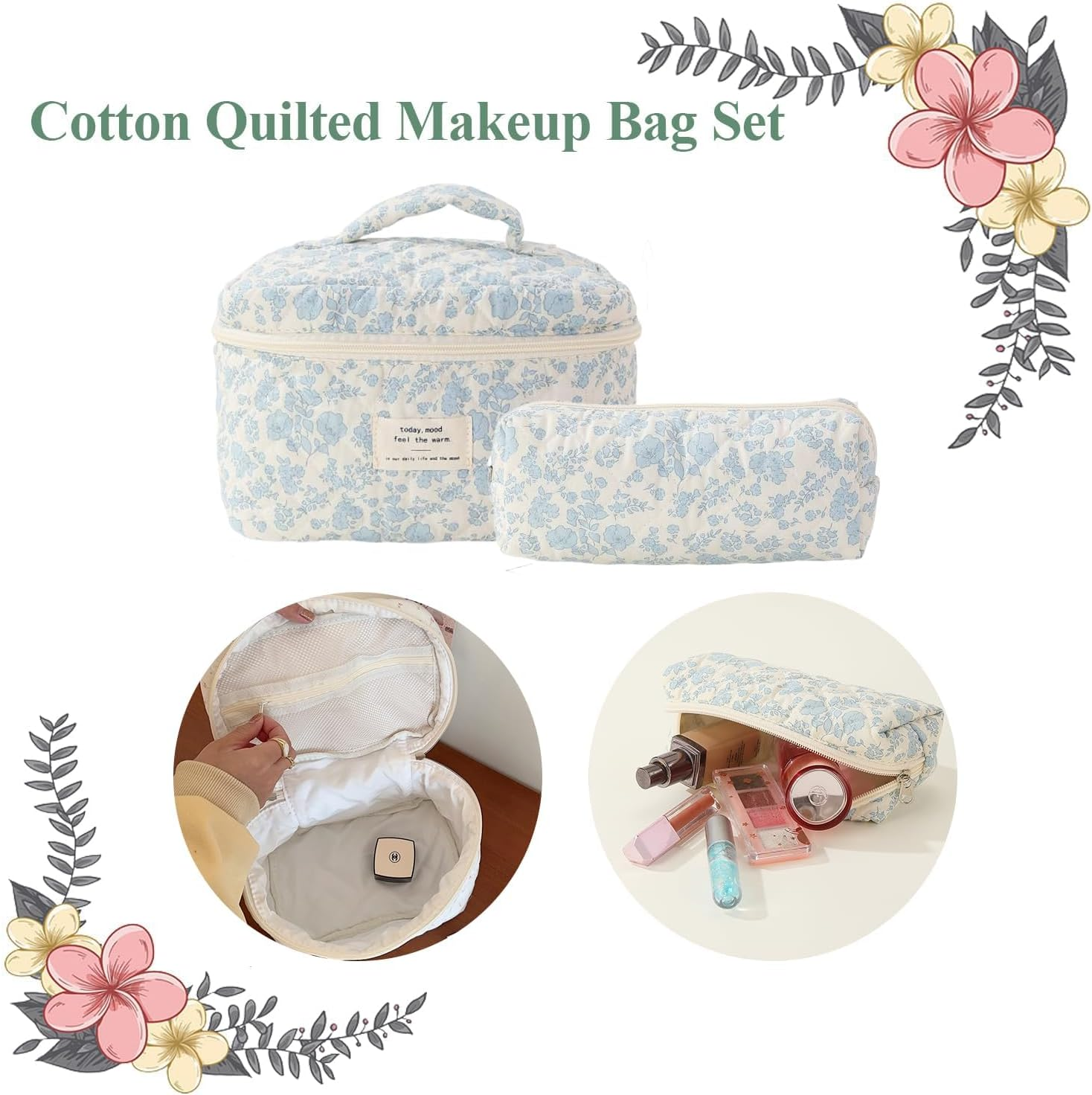 ZANZER 3 PCS Travel Quilted Cotton Makeup Bag Set - Floral Cotton Cosmetic Bag Travel Toiletry Pouch Portable Beauty Cosmetic Storage, Ideal Gifts for Girls Women, Mothers Day Gift (Dark Blue Flower) image number 3