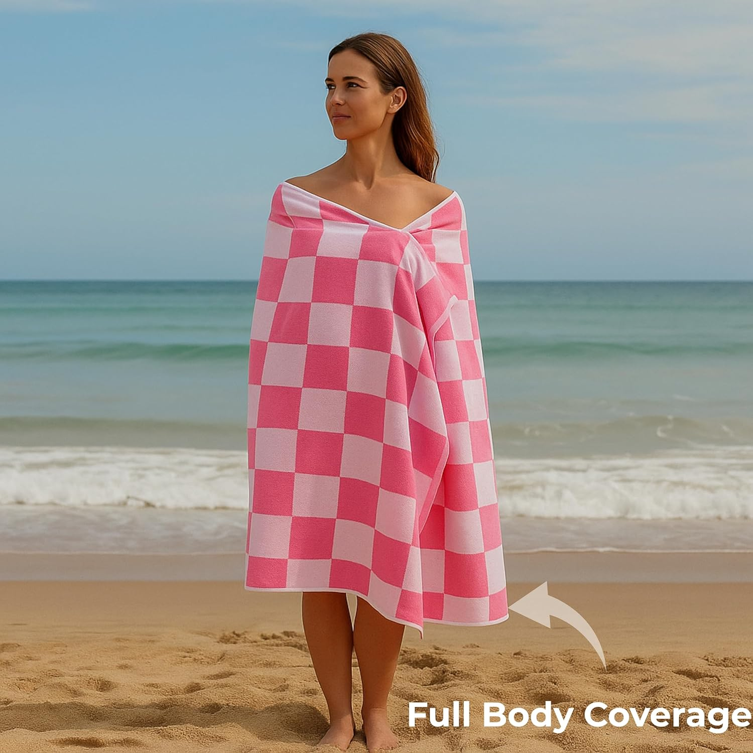 LARA Home Luxury Jacquard Velour Beach Towels, 100% Cotton, Large Beach Towel Size 90X165Cm, 500GSM, Pack of 2, Double-Sided Pattern Velvet (Pink White Pattern) - Green White Checkered image number 3