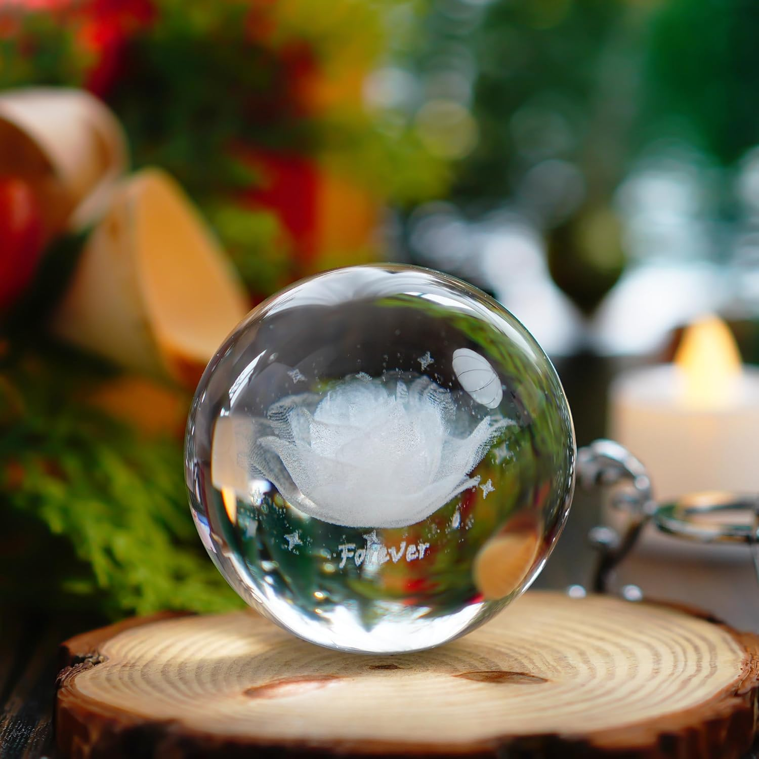 HDCRYSTALGIFTS 60Mm 3D Inner Carving Rose Flower Crystal Ball Paperweight with Sliver Stand Fengshui Home Decor - Cherry Blossoms image number 4