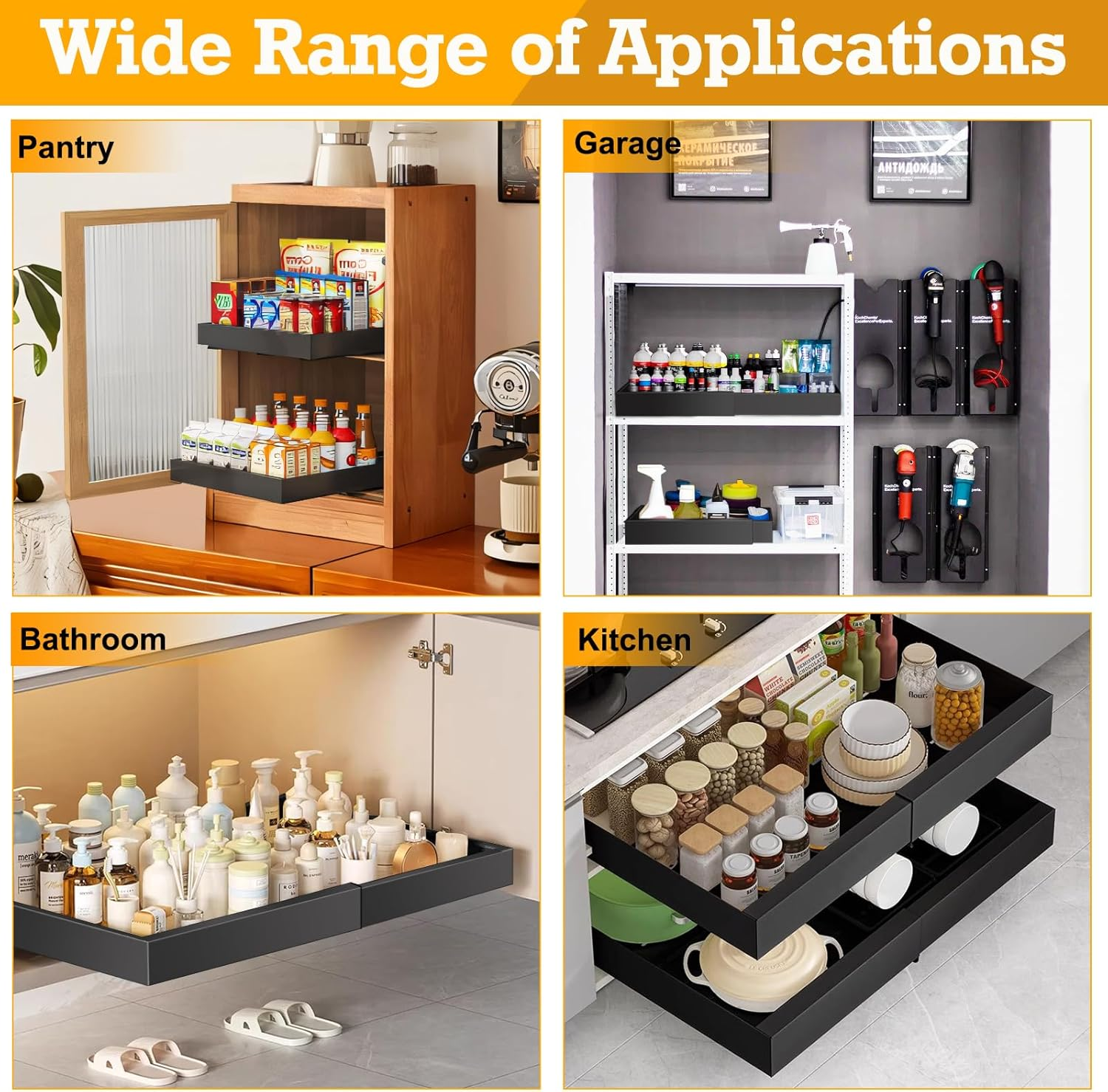 2 Pack Pull Out Cabinet Organizer, Expandable (12.6-18.9In) Pull Out Drawers for Cabinets with Adhesive Slide Out Drawers for Kitchen Pantry Bathroom Home Storage, Black image number 6
